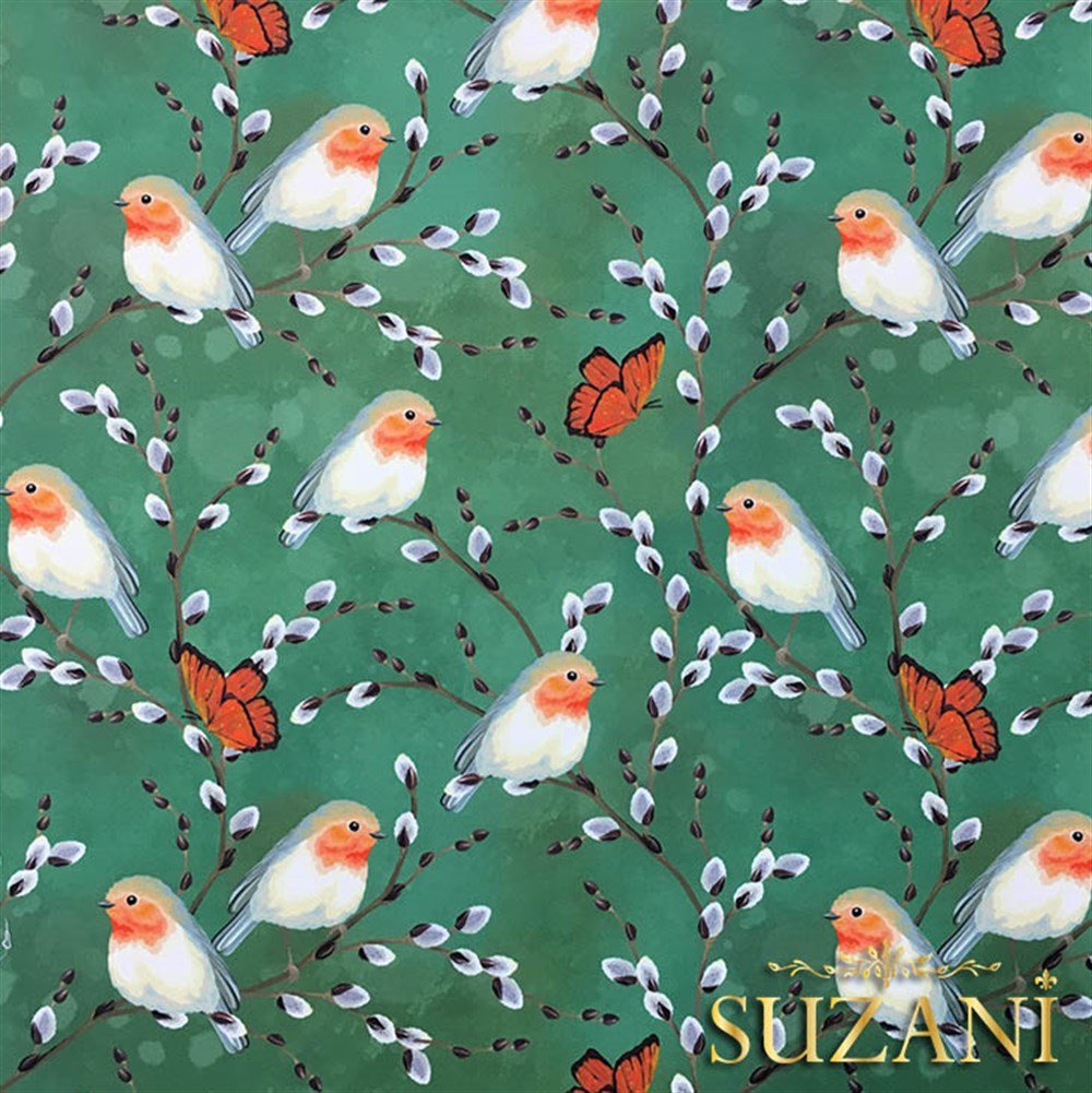 Yeşil Zemin Kuşlu Kelebekli Kumaş