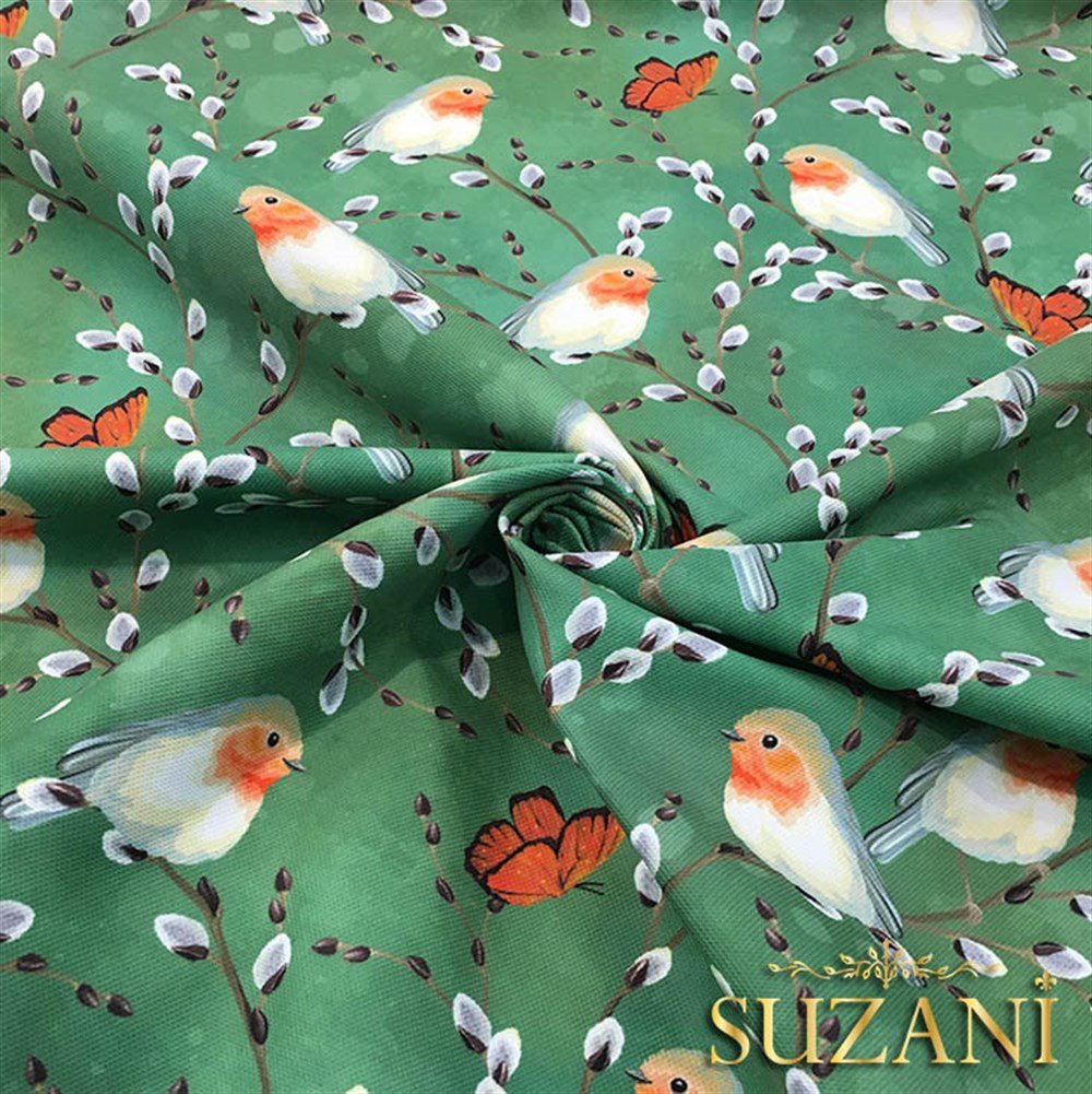 Yeşil Zemin Kuşlu Kelebekli Kumaş