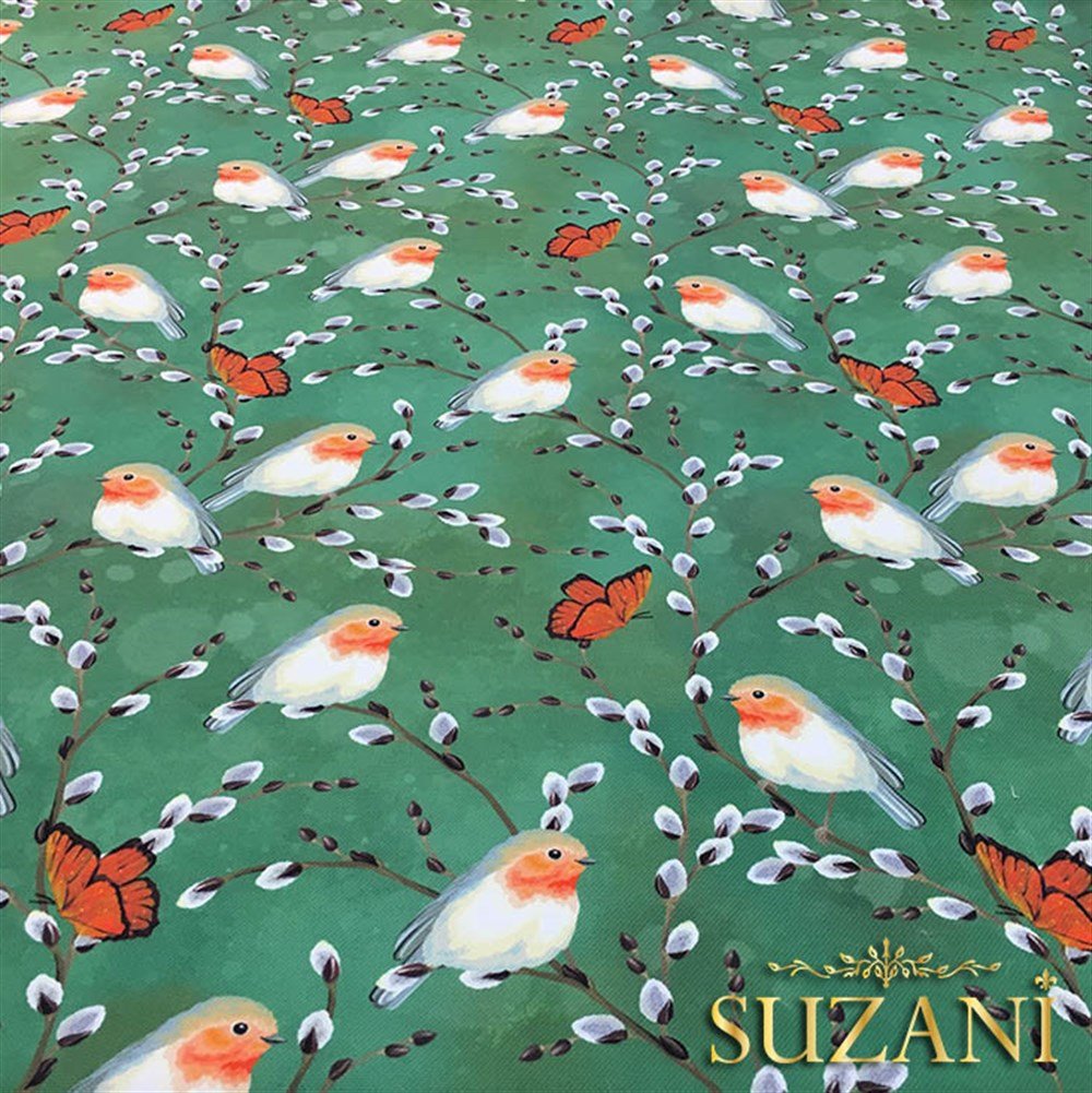 Yeşil Zemin Kuşlu Kelebekli Kumaş