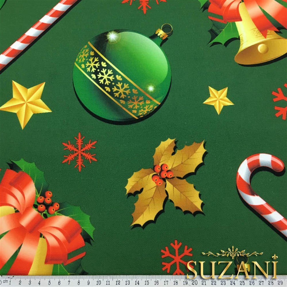 Yeşil Zemin Yılbaşı Desenli Kumaş