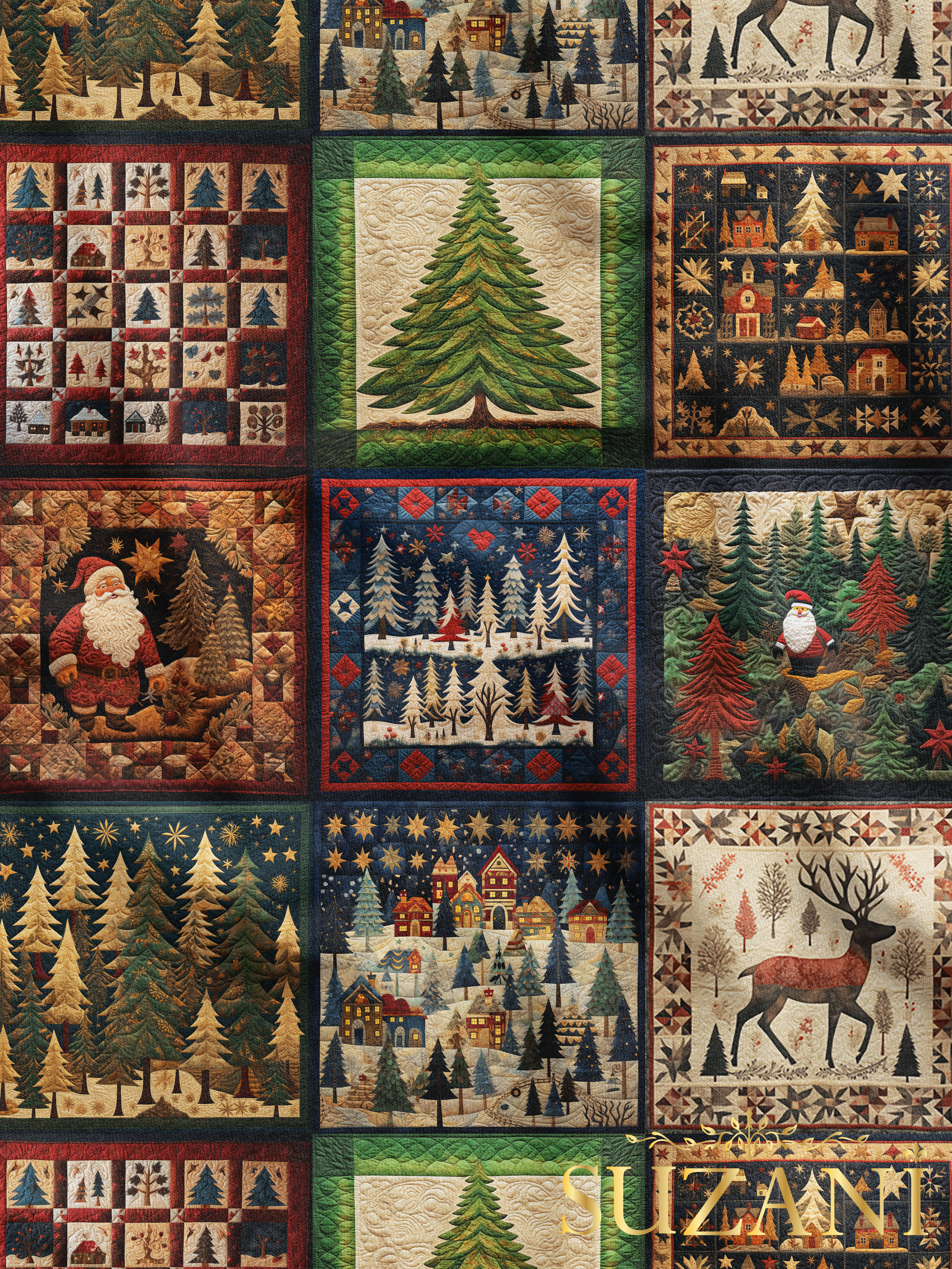 Yılbaşı Ağacı Patchwork Desenli Dijital Baskılı Kumaş