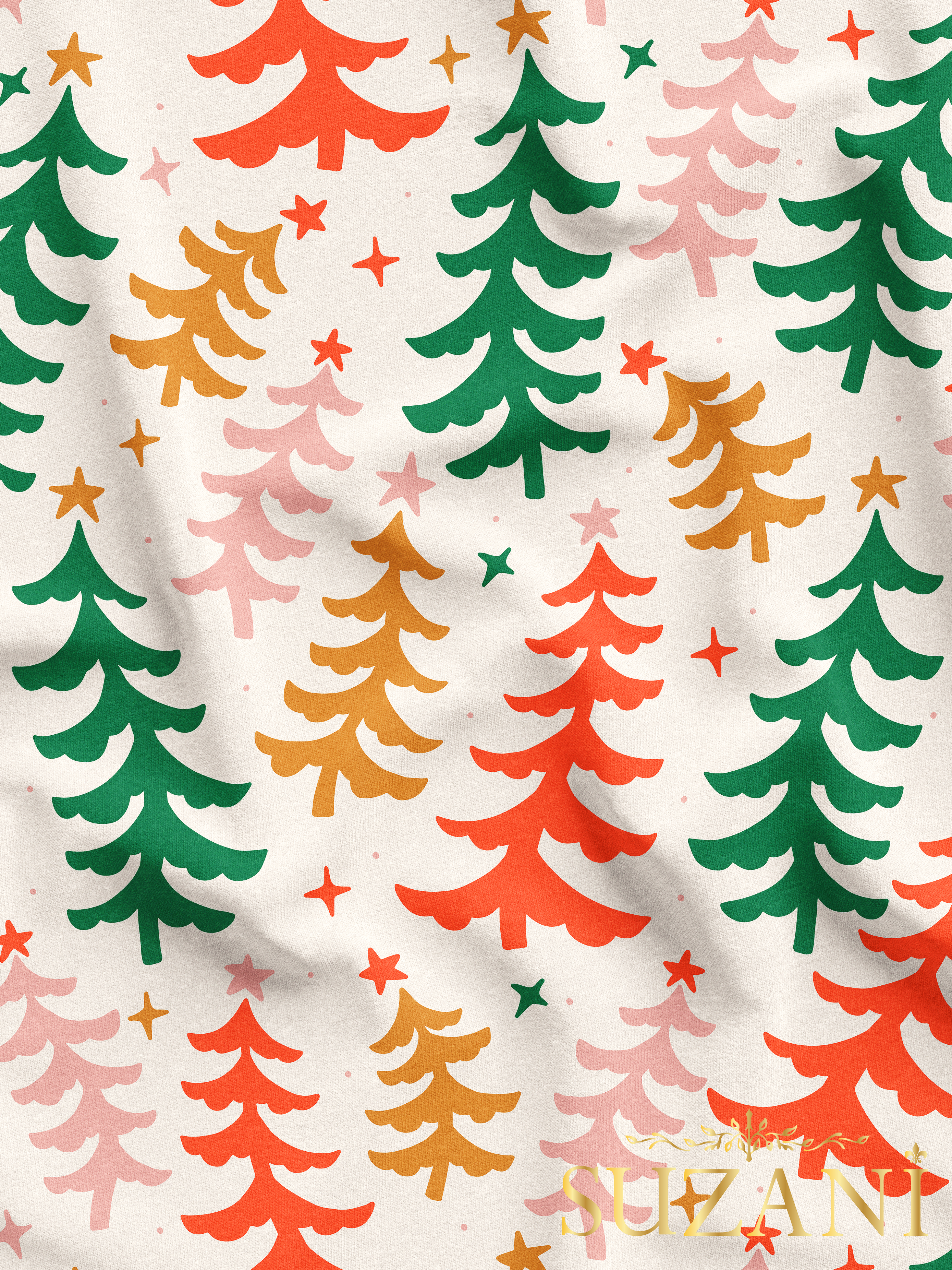 Yılbaşı Çam Ağaçları Desenli Dijital Baskılı Kumaş