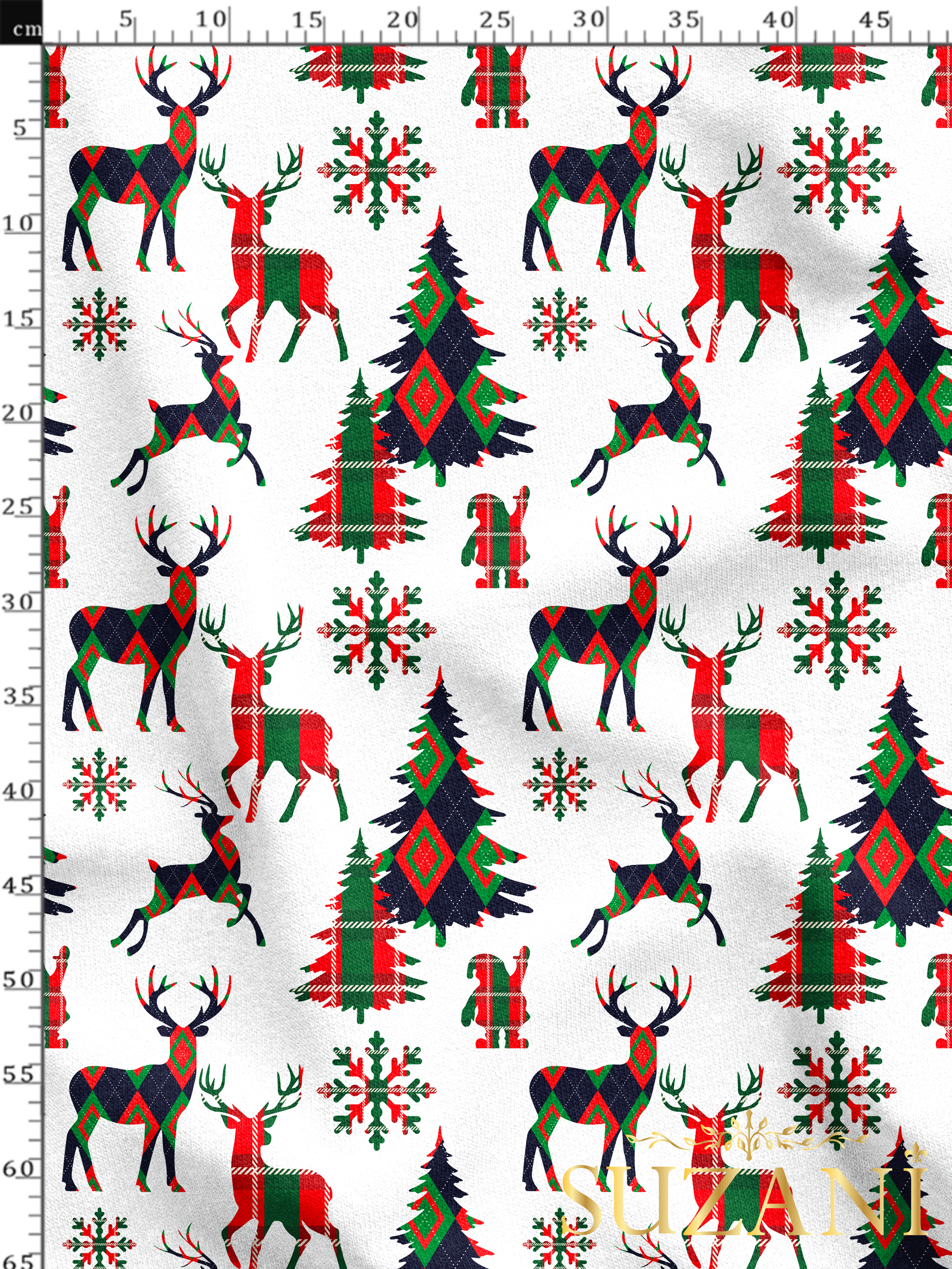 Yılbaşı Ekose Geyik Desenli Dijital Baskılı Kumaş