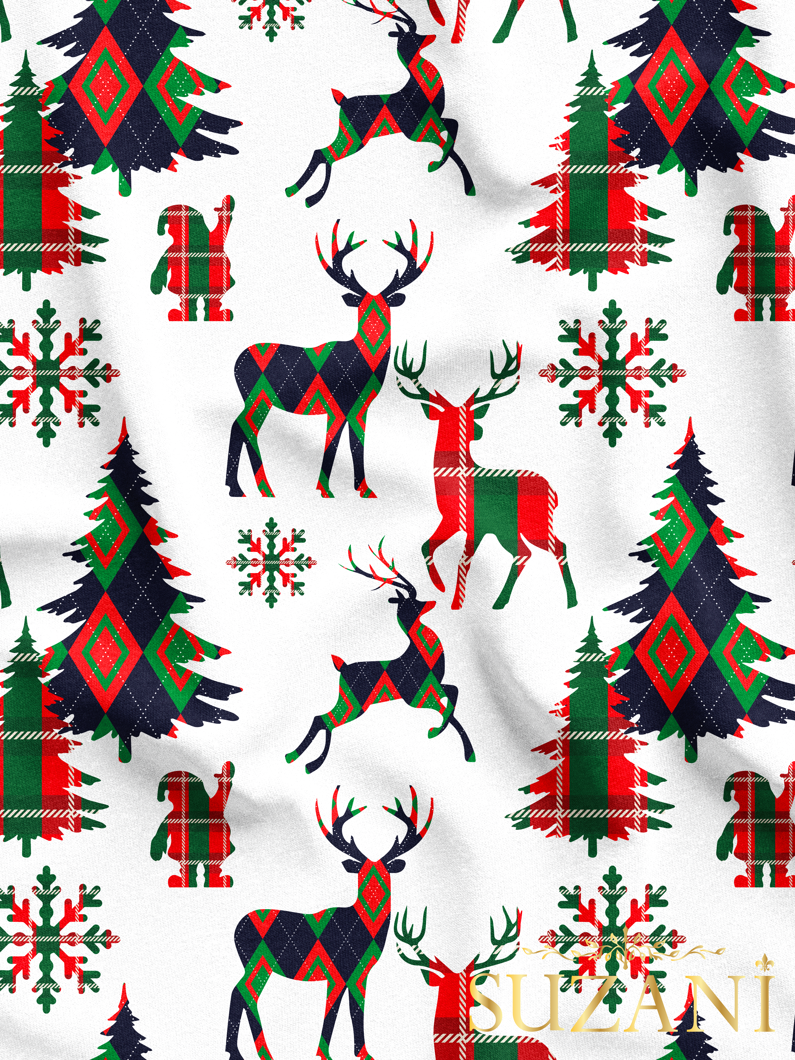 Yılbaşı Ekose Geyik Desenli Dijital Baskılı Kumaş