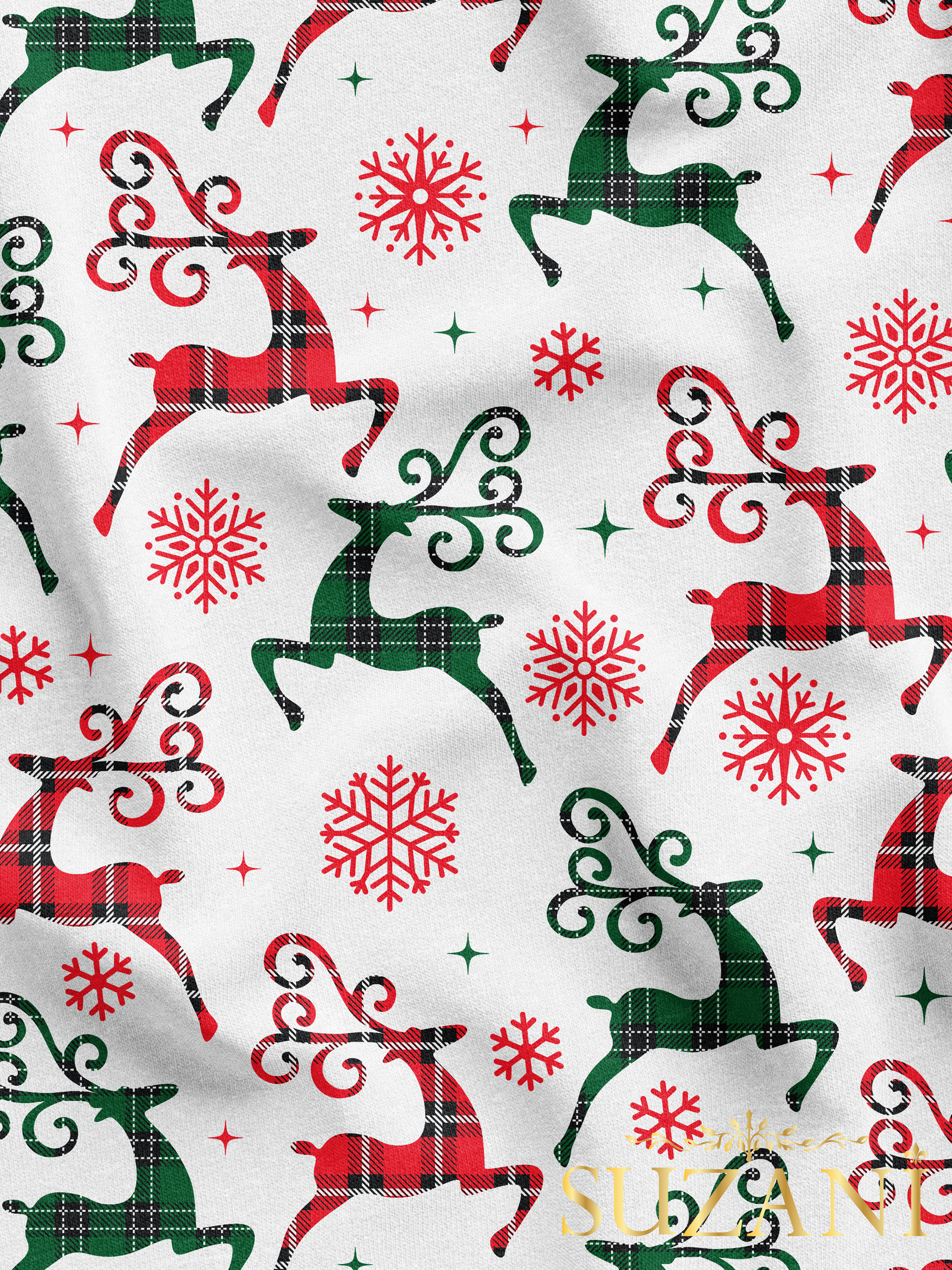 Yılbaşı Ekose Geyik Desenli Dijital Baskılı Kumaş