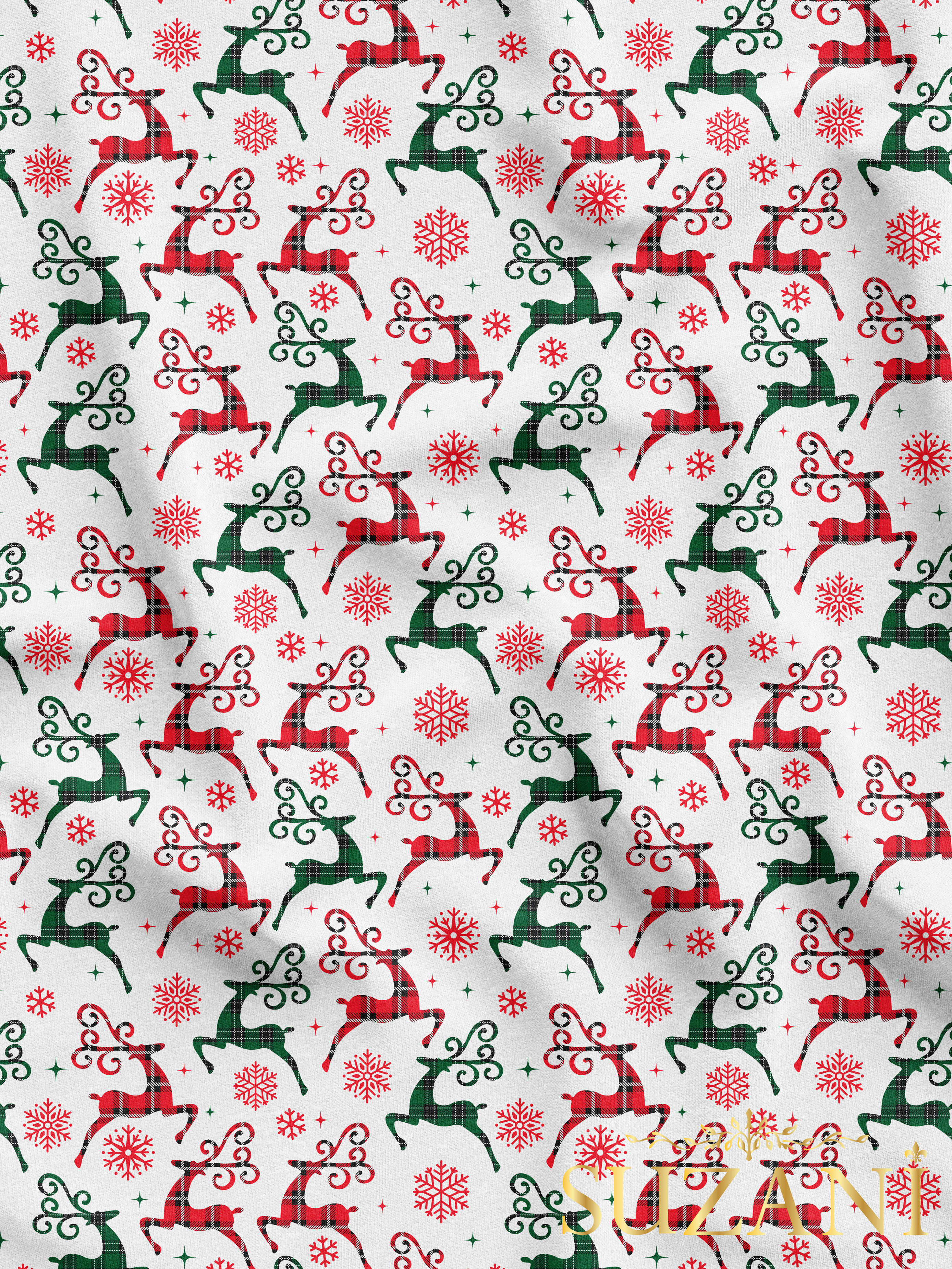 Yılbaşı Ekose Geyik Desenli Dijital Baskılı Kumaş