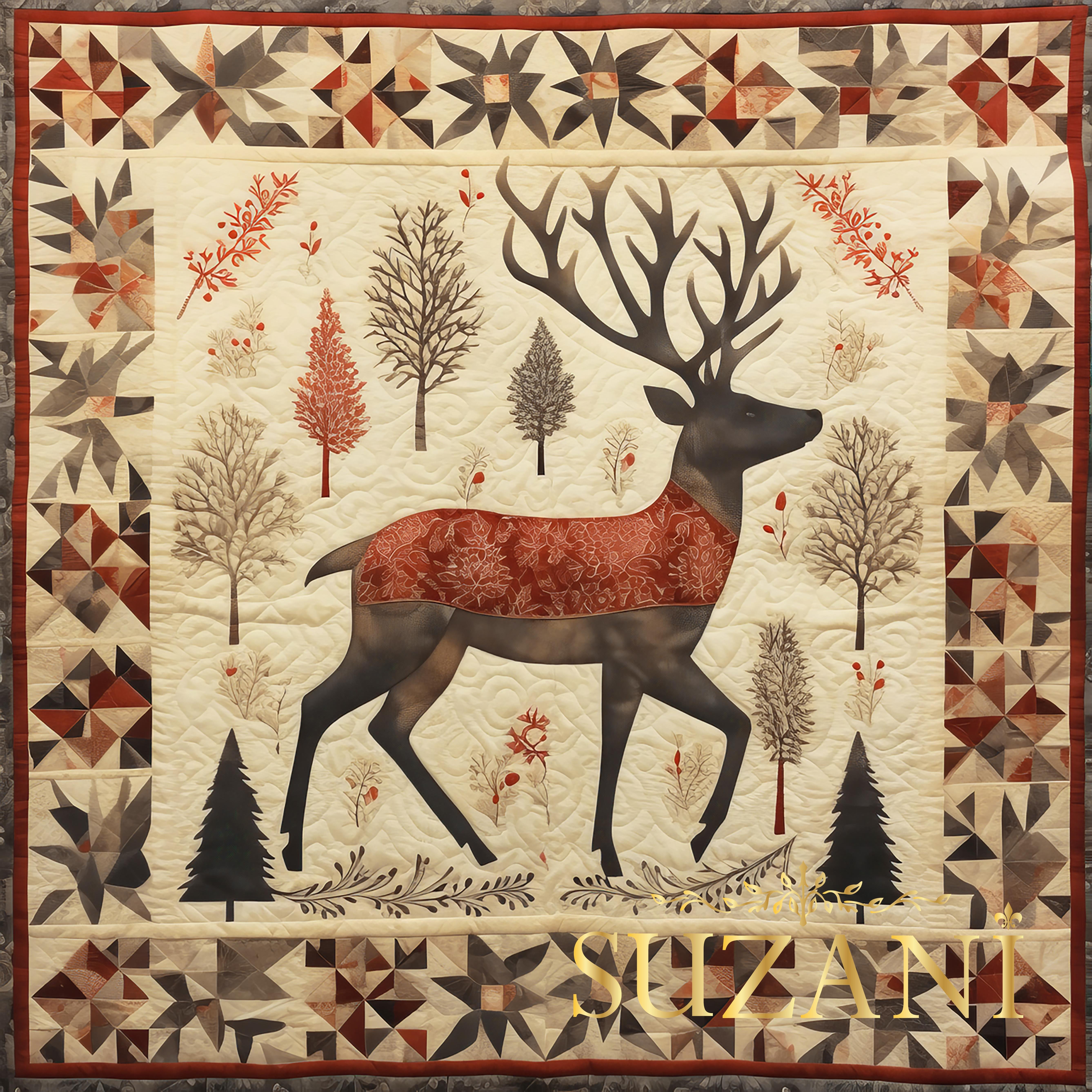 Yılbaşı Geyik Desenli 3'lü Pano Kumaş