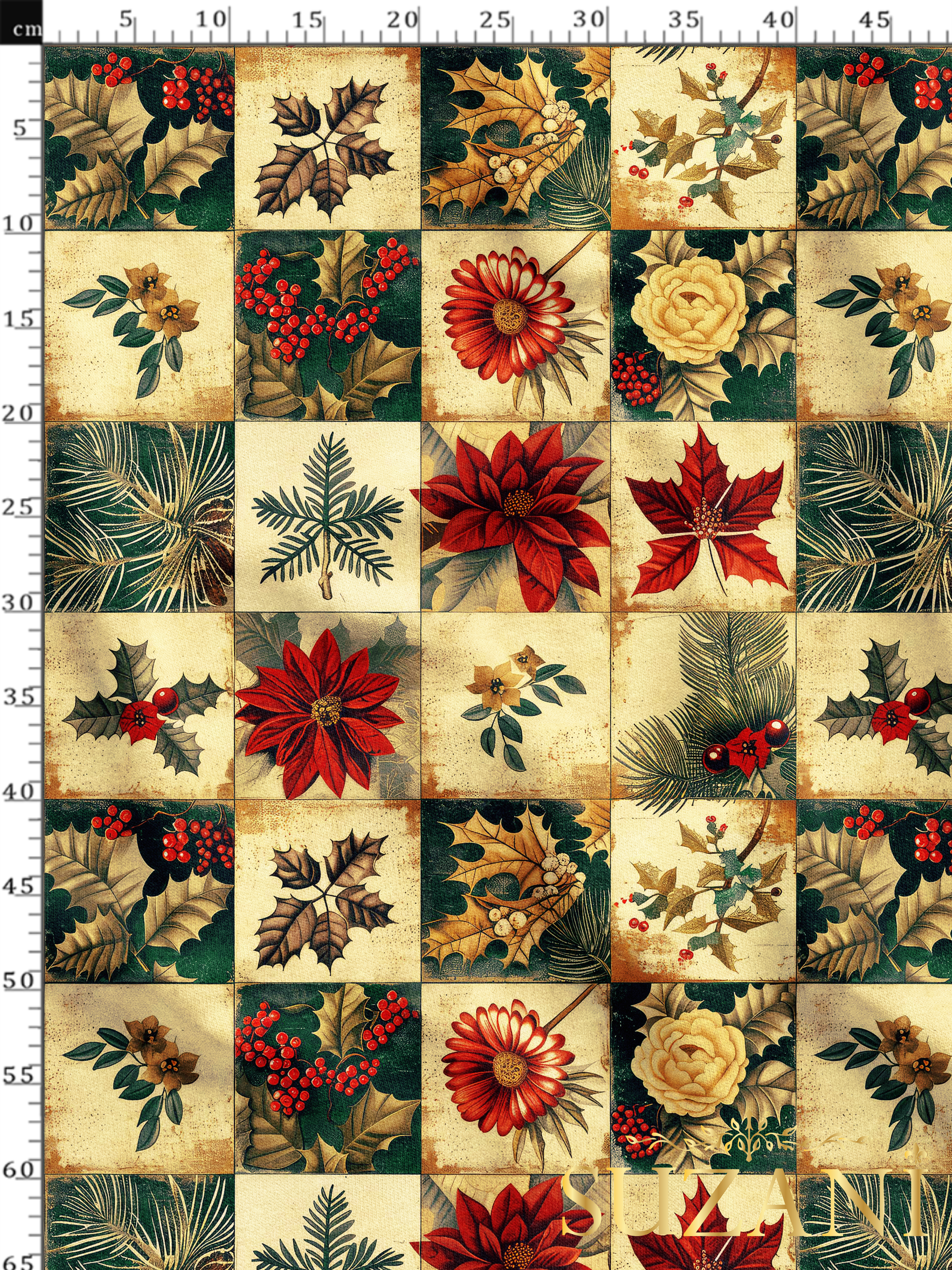 Yılbaşı Kırmızı Çiçek Patchwork Desenli Dijital Baskılı Kumaş