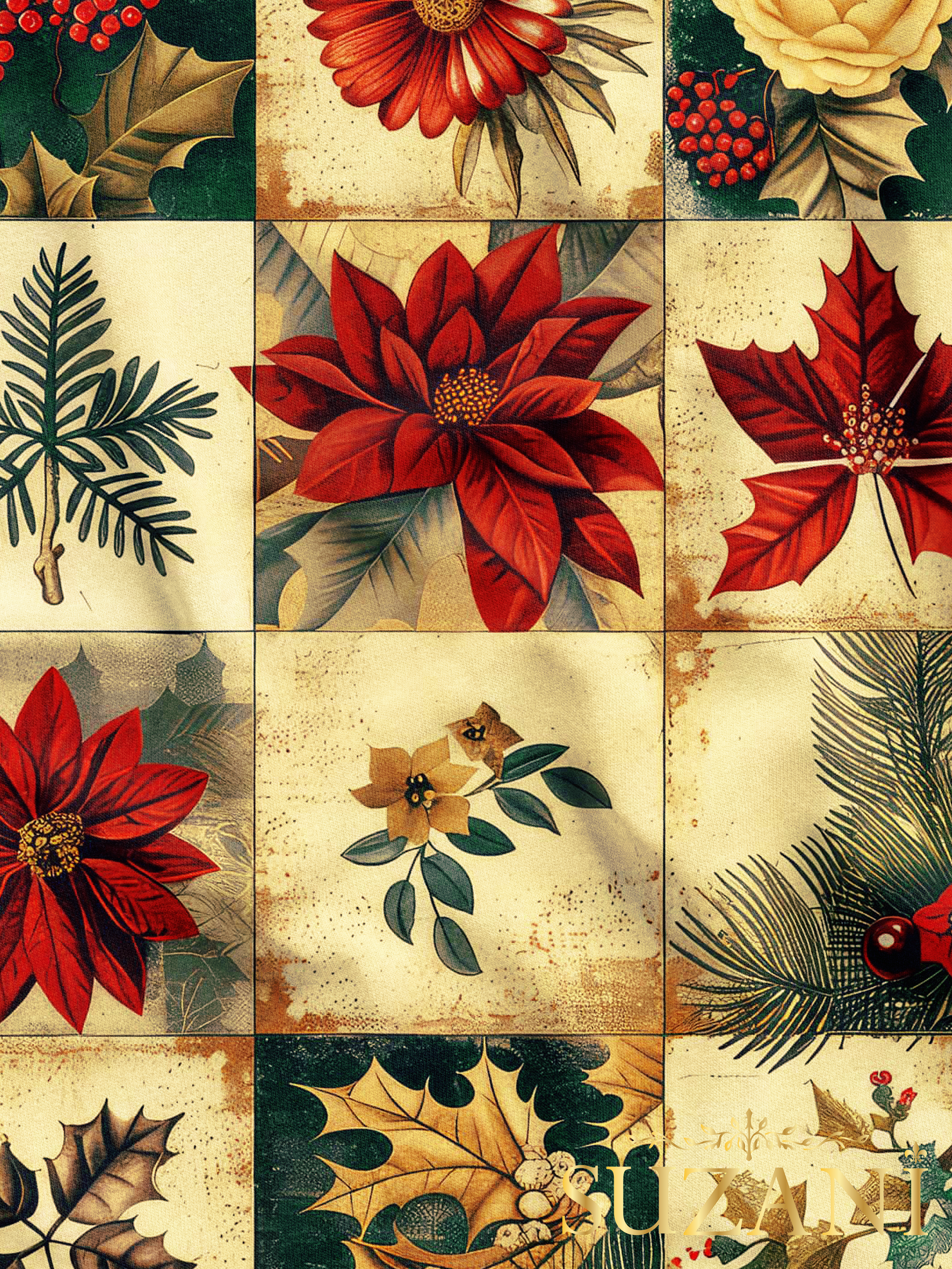 Yılbaşı Kırmızı Çiçek Patchwork Desenli Dijital Baskılı Kumaş