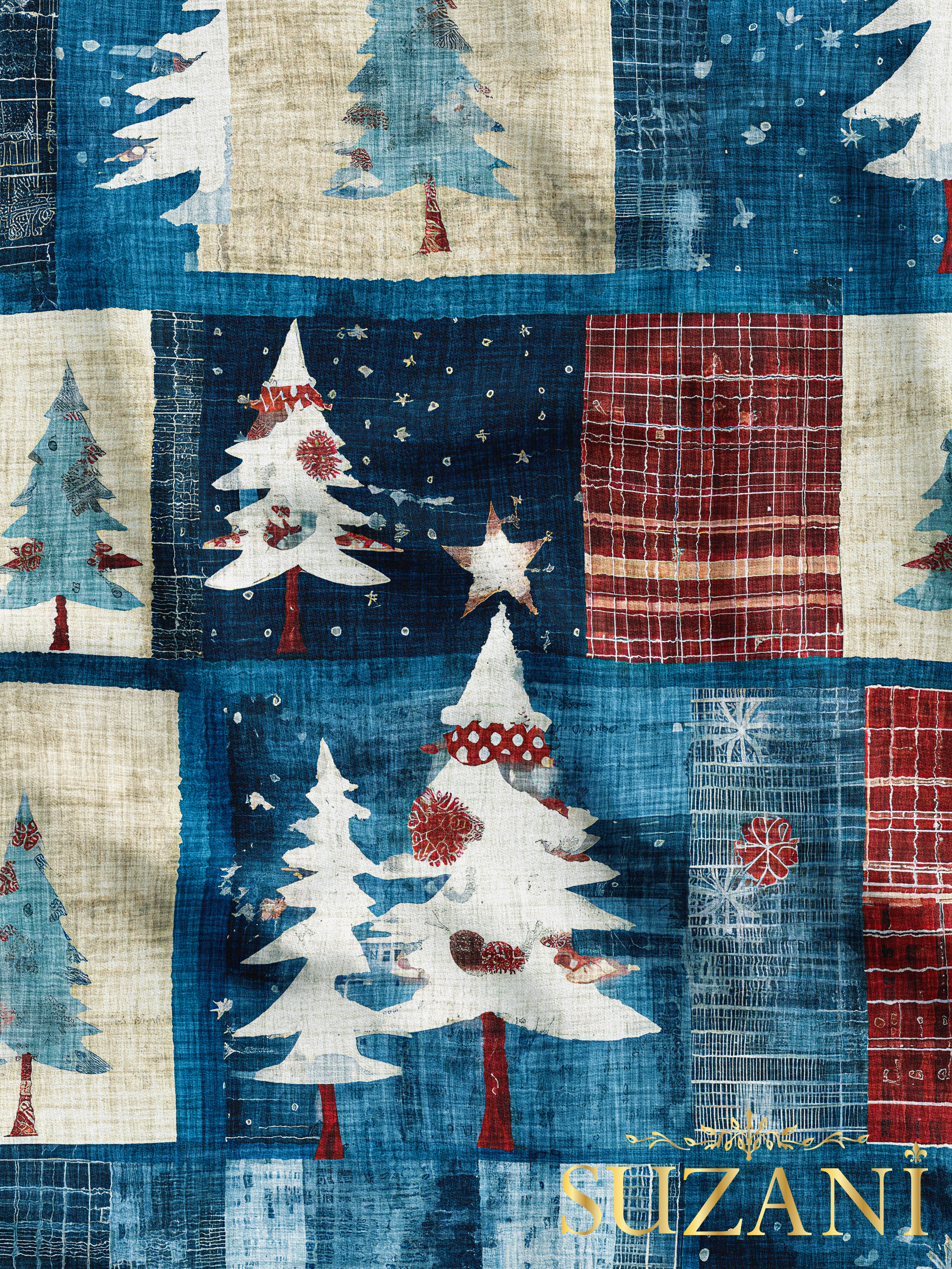 Yılbaşı Noel Ağacı Desenli Dijital Baskılı Kumaş