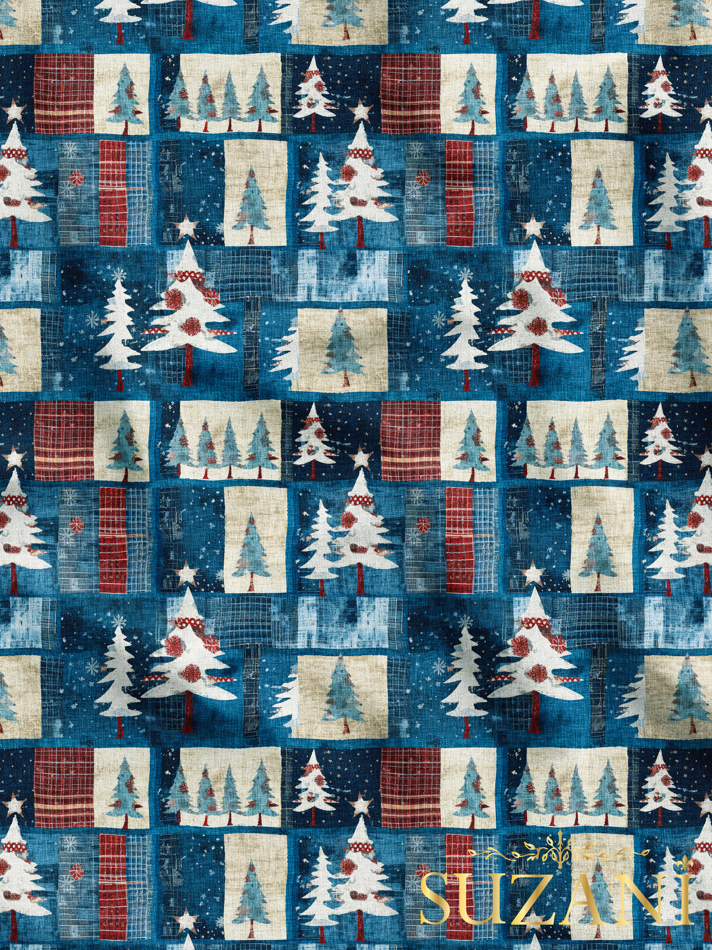 Yılbaşı Noel Ağacı Desenli Dijital Baskılı Kumaş