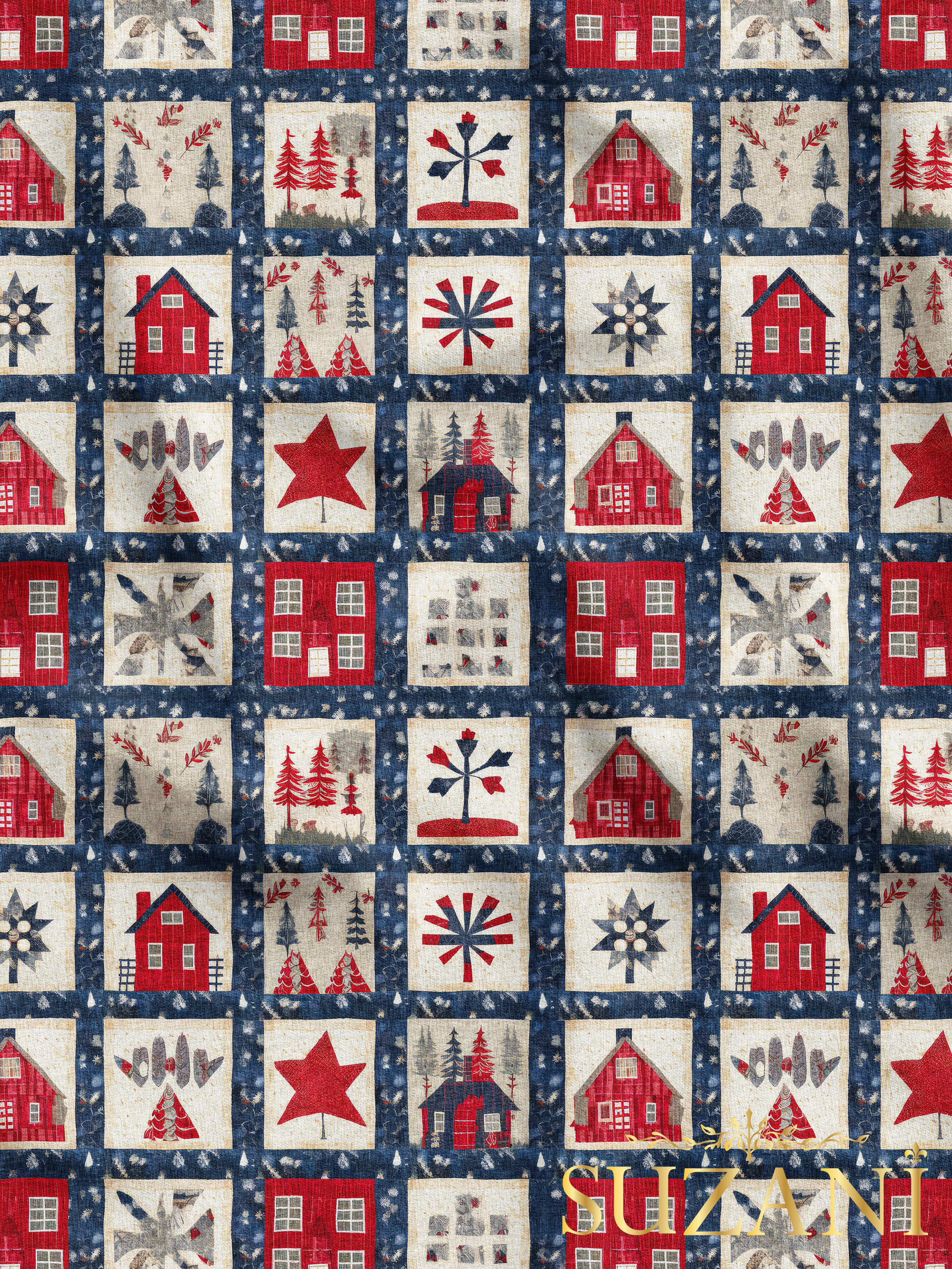 Yılbaşı Noel Kır Evi Patchwork Desenli Dijital Baskılı Kumaş