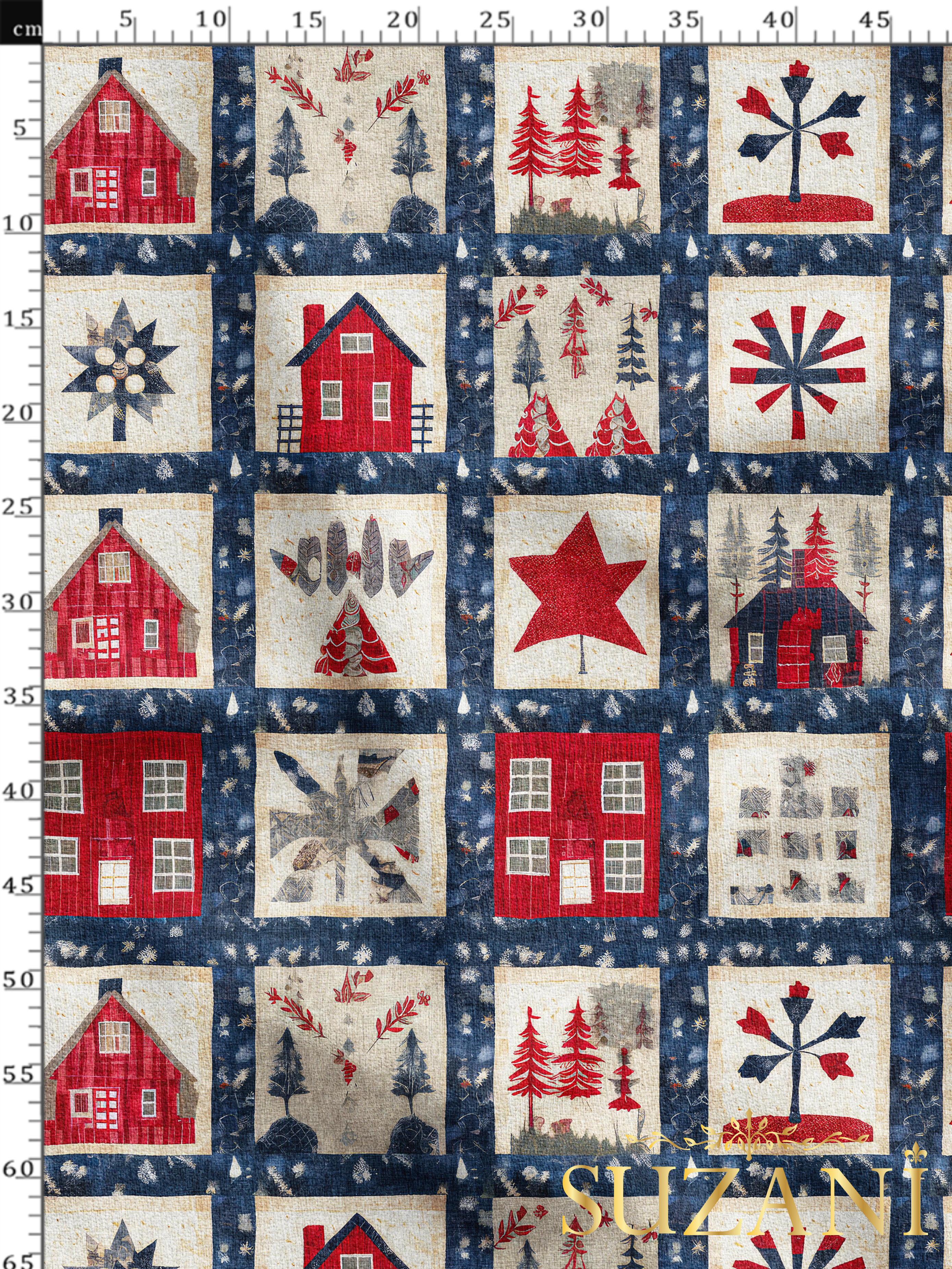 Yılbaşı Noel Kır Evi Patchwork Desenli Dijital Baskılı Kumaş