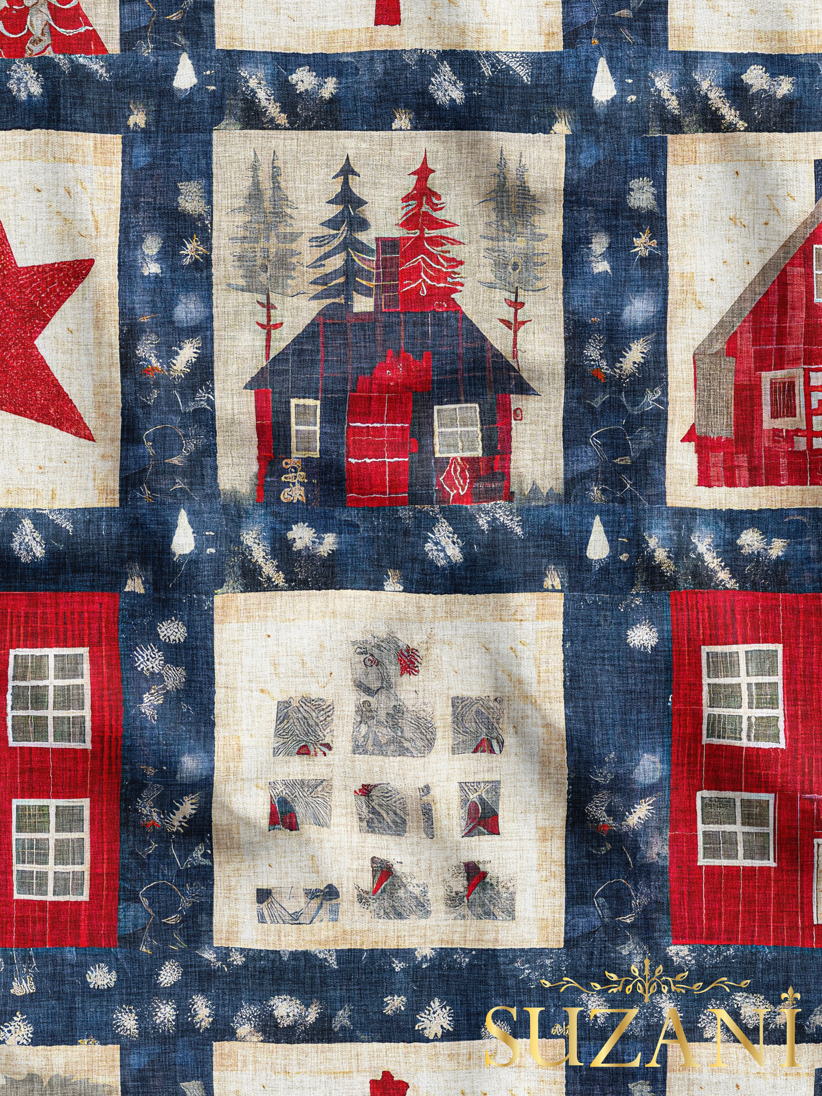 Yılbaşı Noel Kır Evi Patchwork Desenli Dijital Baskılı Kumaş