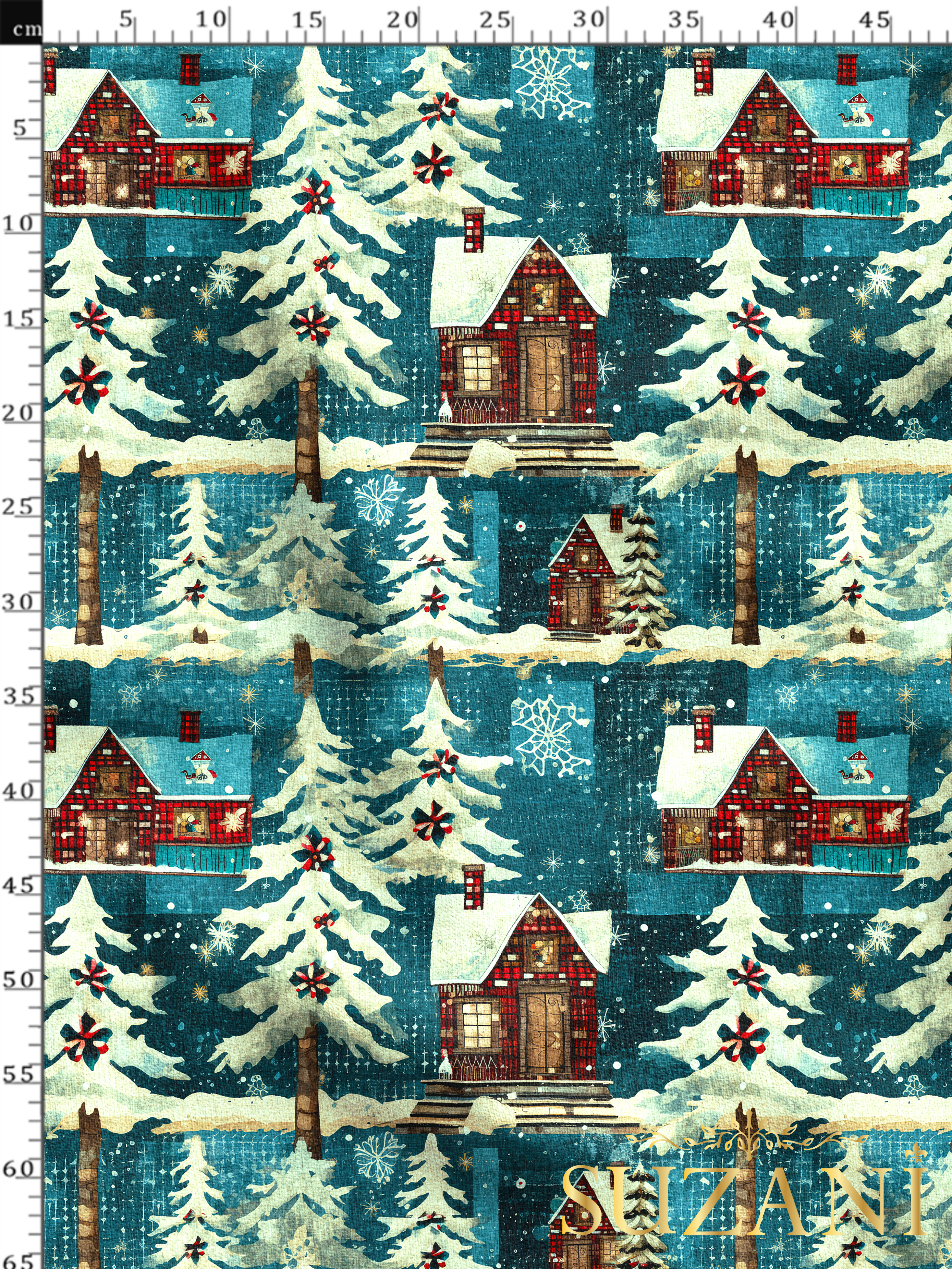 Yılbaşı Noel Kır Evleri Desenli Dijital Baskılı Kumaş
