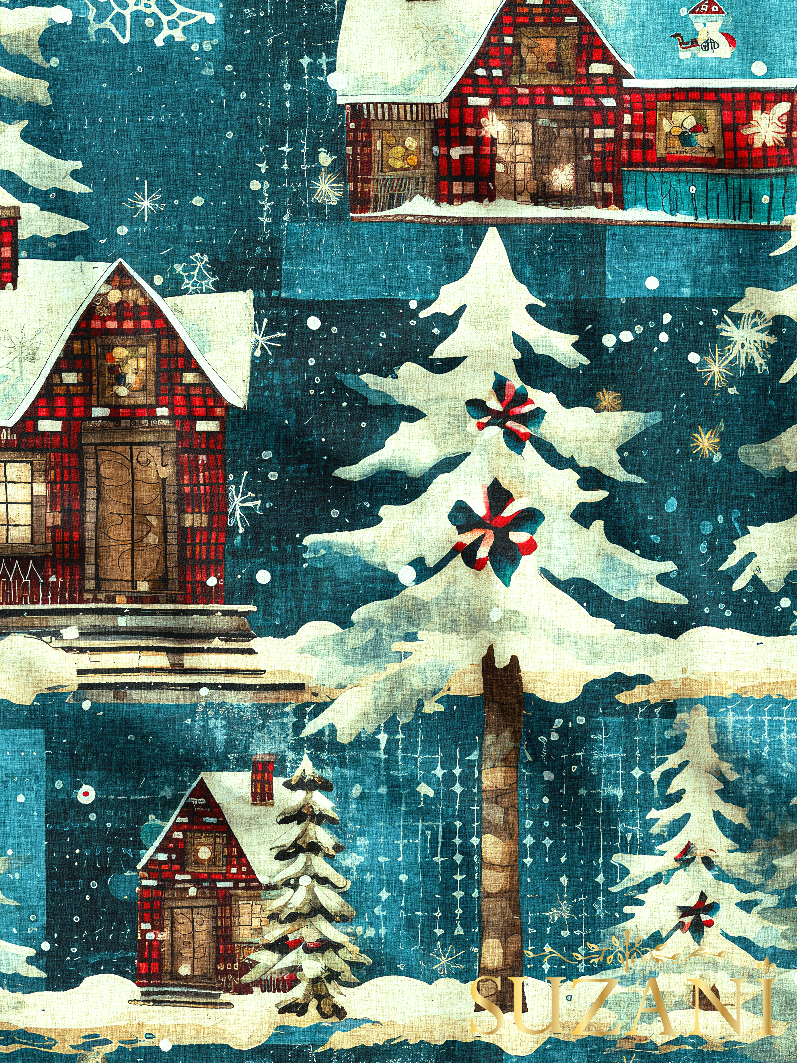 Yılbaşı Noel Kır Evleri Desenli Dijital Baskılı Kumaş