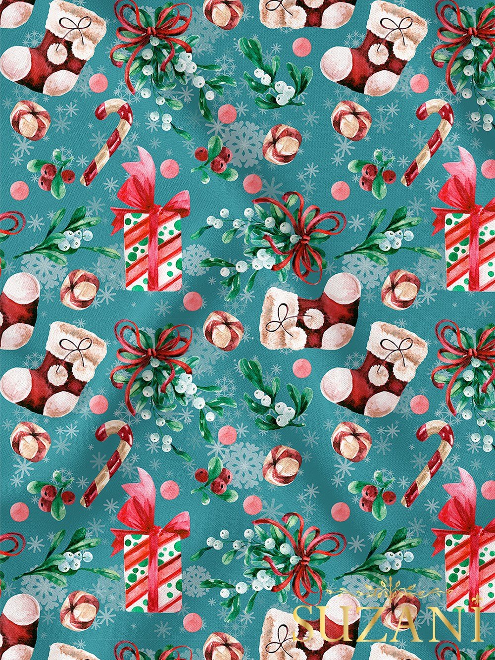 Yılbaşı Süsleri Desenli Dijital Baskılı Kumaş