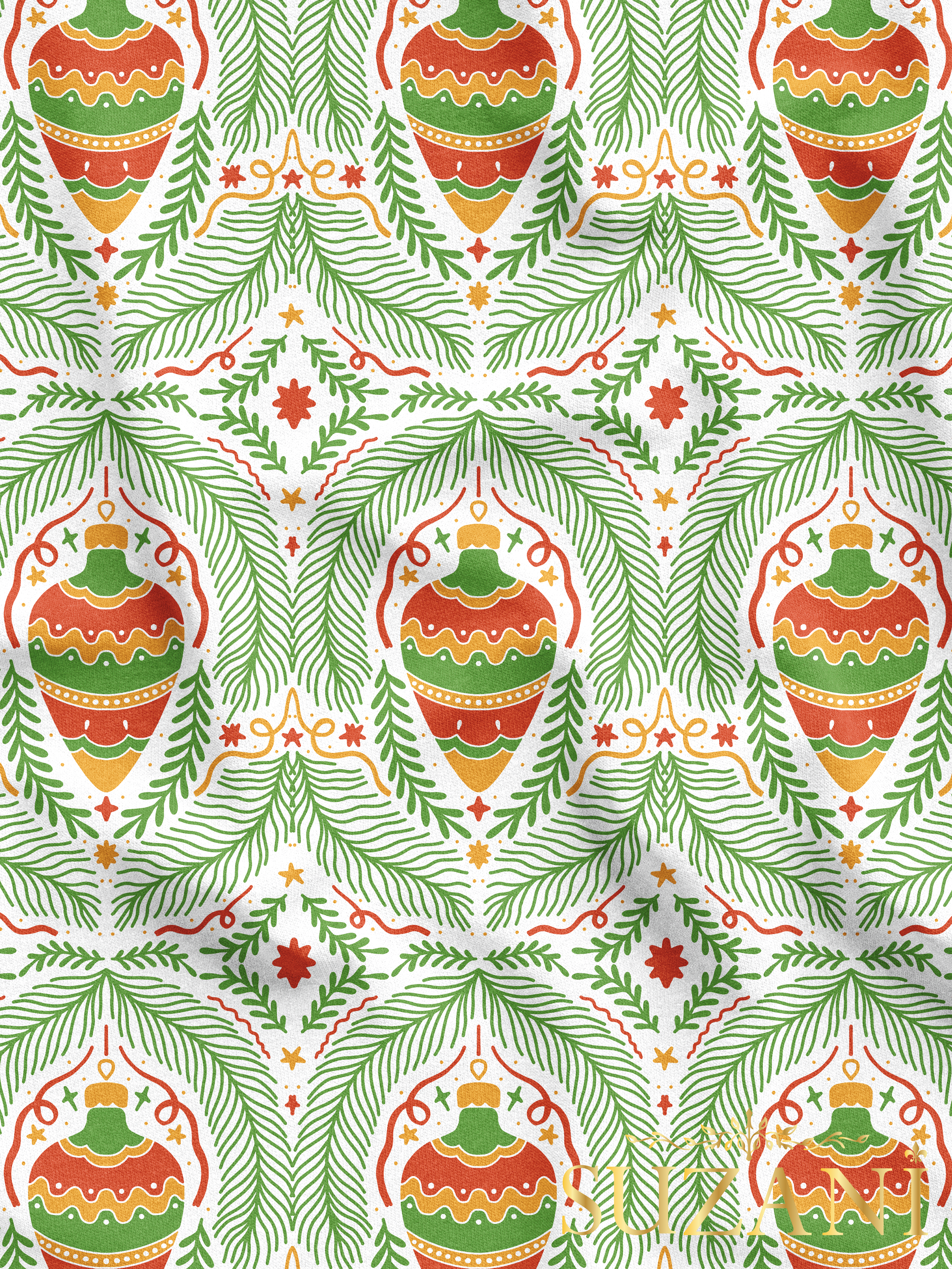 Yılbaşı Süsleri Desenli Dijital Baskılı Kumaş