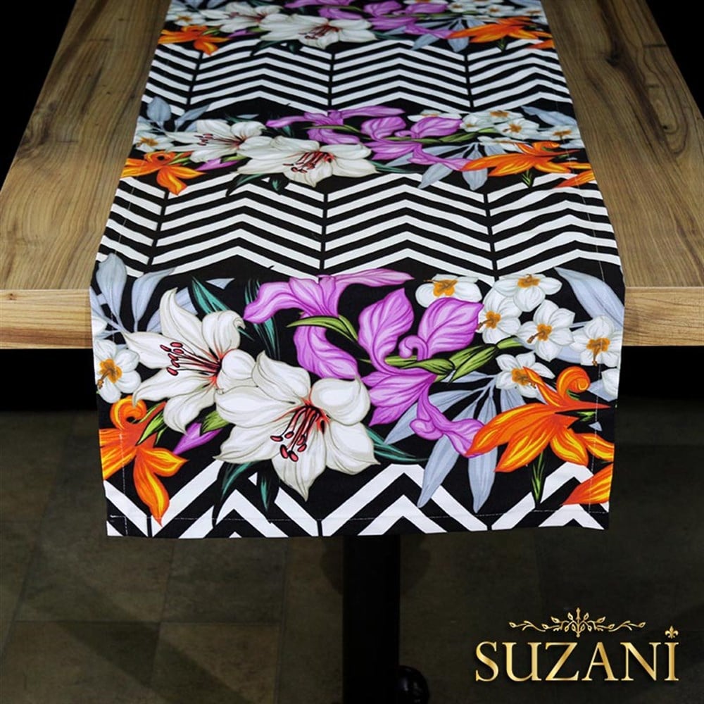 Zigzag Mor Çiçekli Tropikal Runner