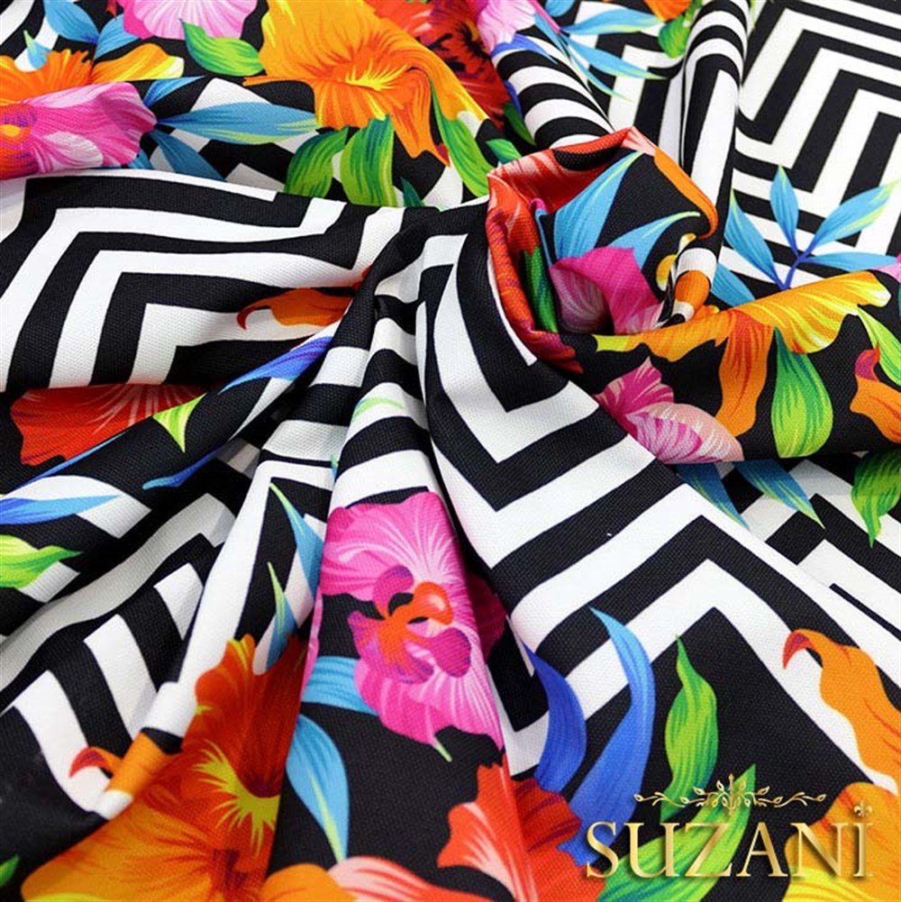 Zigzag Üzeri Çiçekli Tropikal Kumaş