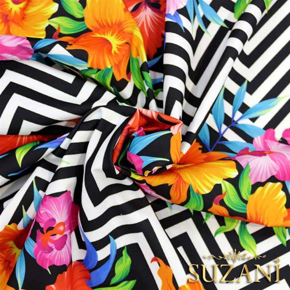 Zigzag Üzeri Çiçekli Tropikal Kumaş