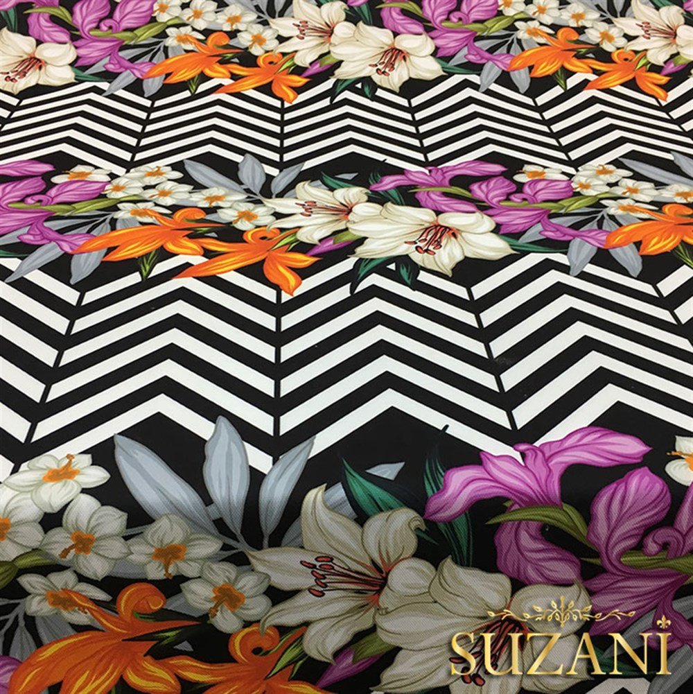 Zigzag Üzeri Turuncu Mor Çiçekli Tropikal Kumaş