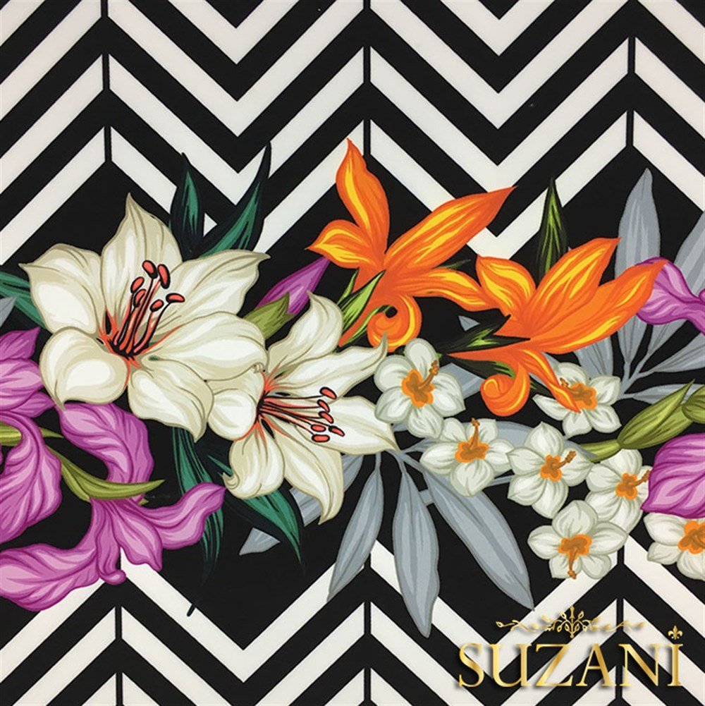 Zigzag Üzeri Turuncu Mor Çiçekli Tropikal Kumaş