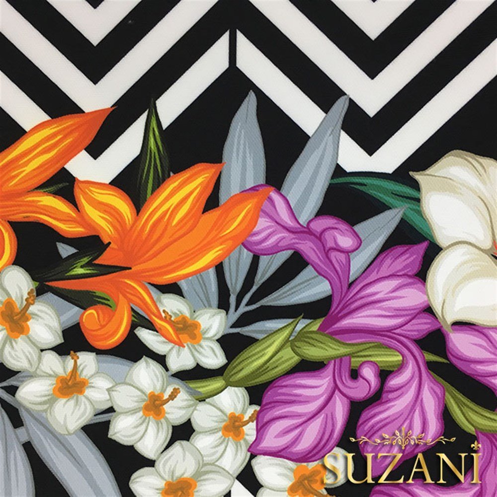 Zigzag Üzeri Turuncu Mor Çiçekli Tropikal Kumaş