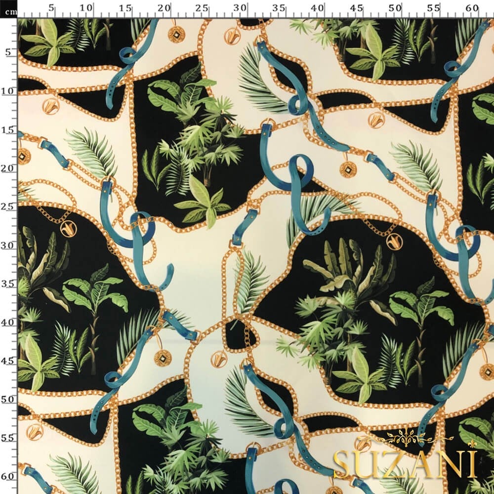 Zincir Tropikal Yaprak Desenli Dijital Baskılı Kumaş