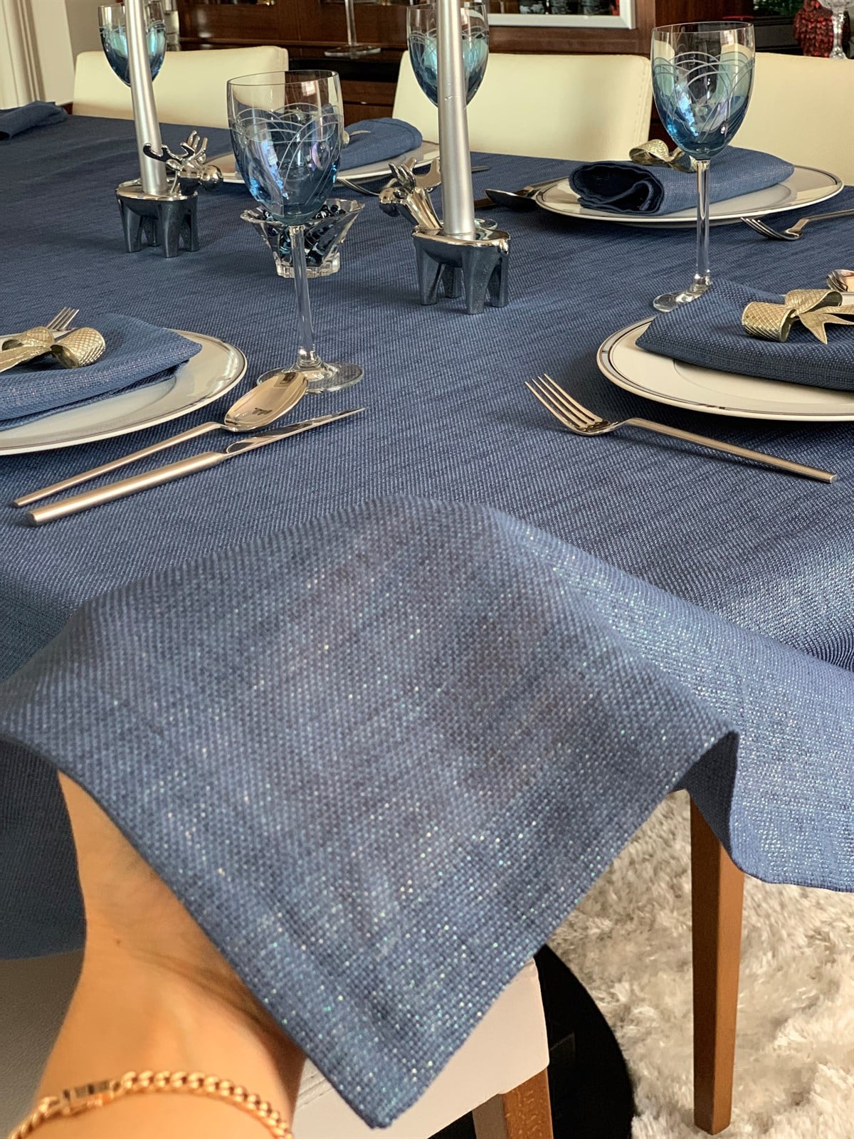 Simli Keten İndigo Mavi Masa Örtüsü