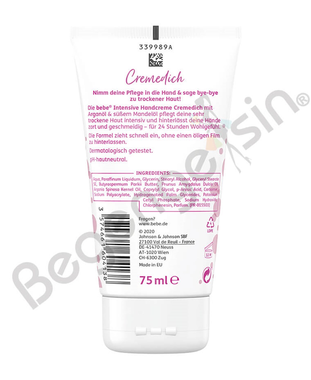 Bebe Handcreme intensive, Argan ve tatlı badem yağı içeren yoğun el kremi 75 ml