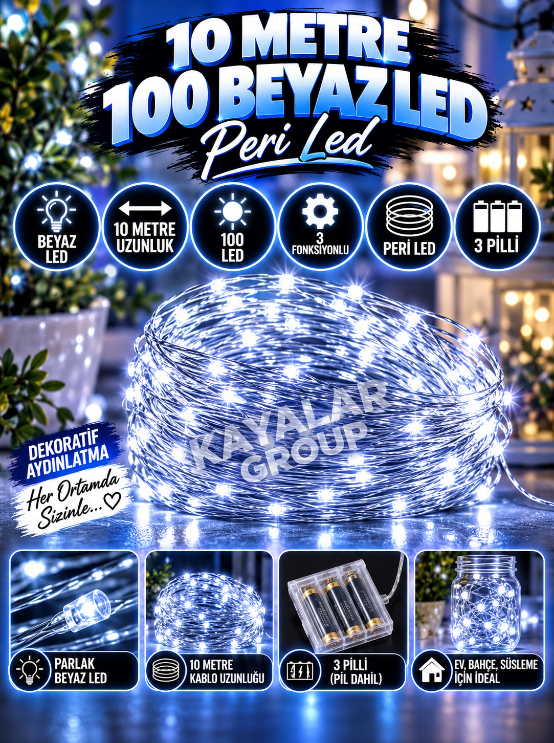 10 M Beyaz Peri Led Tel Led Animasyonlu