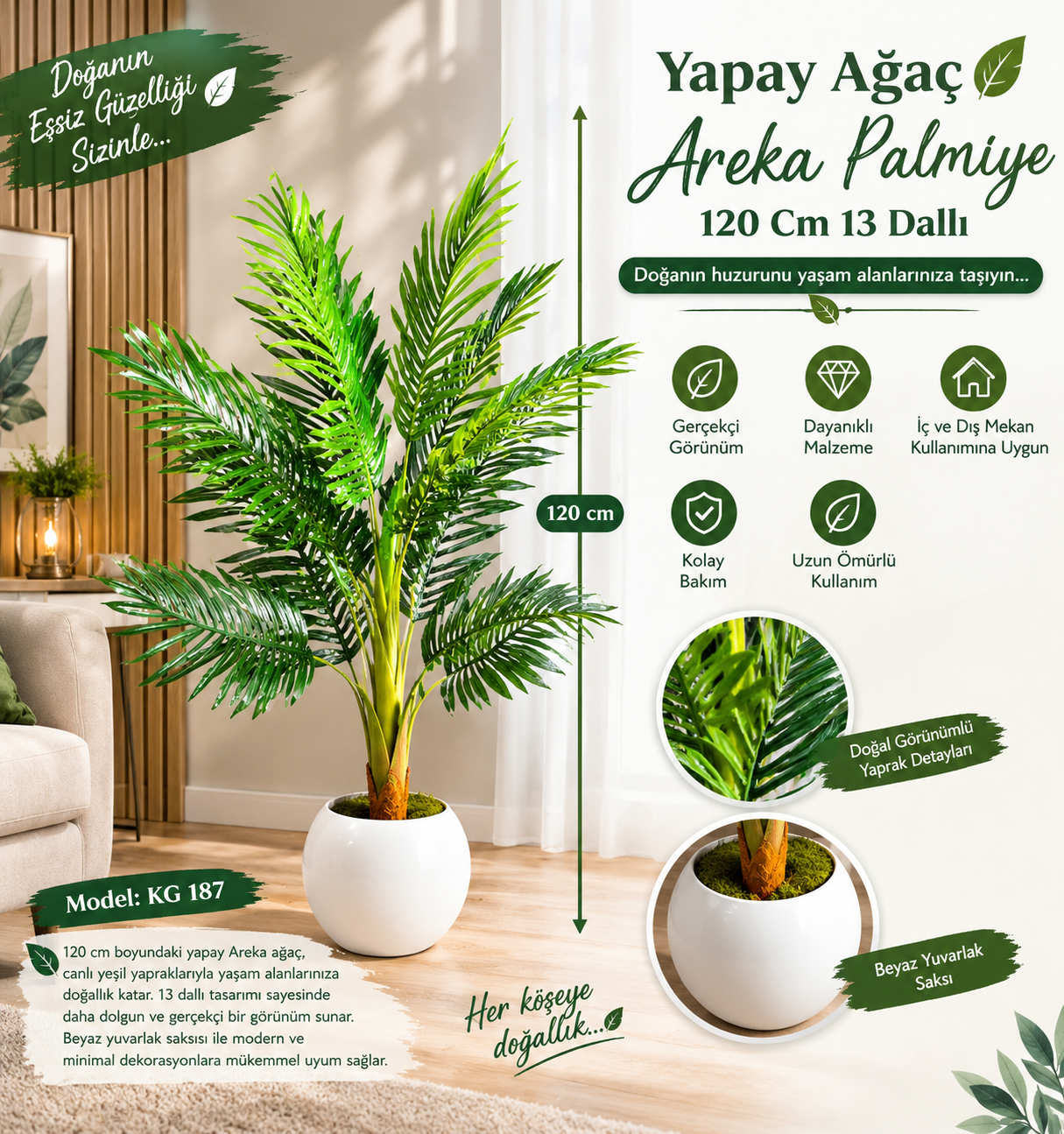 120 cm Yapay Areka Ağaç Salon Çiçeği Saksılı