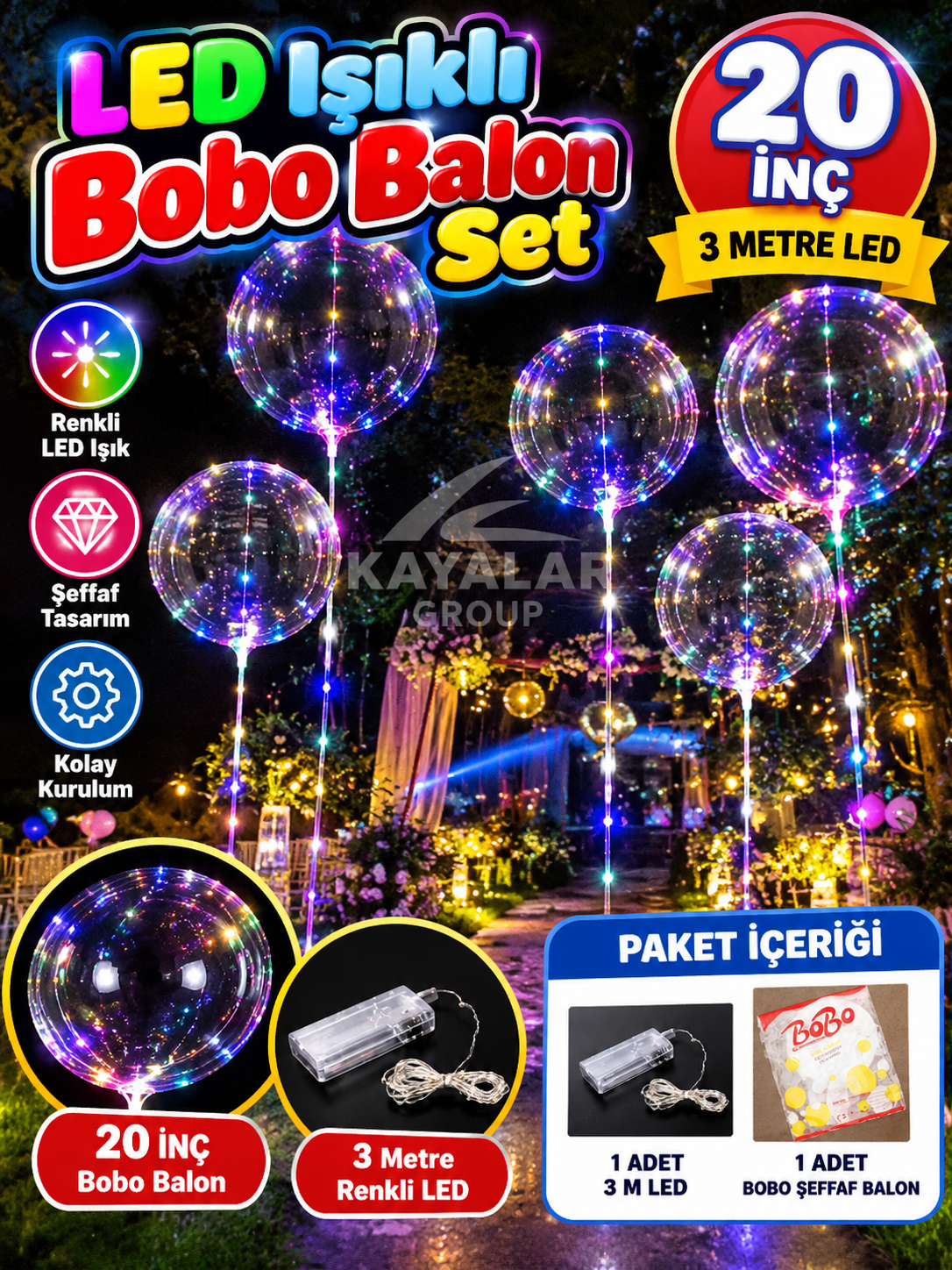 3 M Led 20 İnç Bobo Balon Set