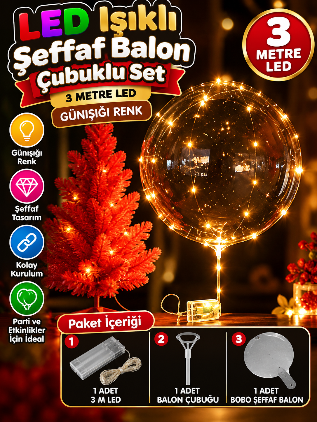 3 M Led Gün Işığı Renkli Led Şeffaf Balon Çubuklu Set