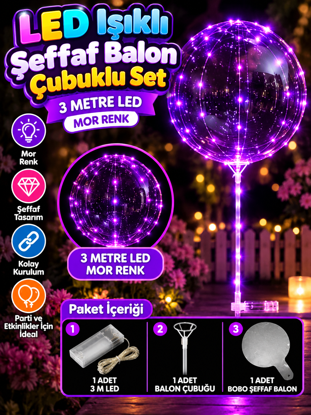 3 M Led Mor Renkli Şeffaf Balon Çubuklu Set