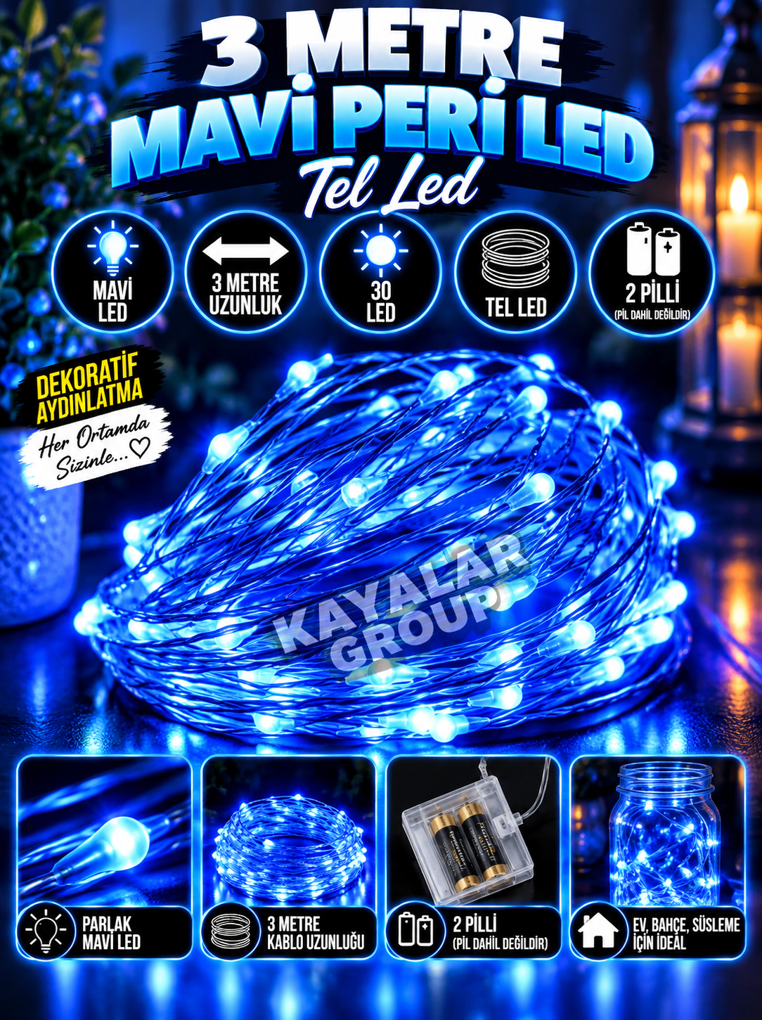3 M Mavi Peri Led Tel Led 2 Pilli