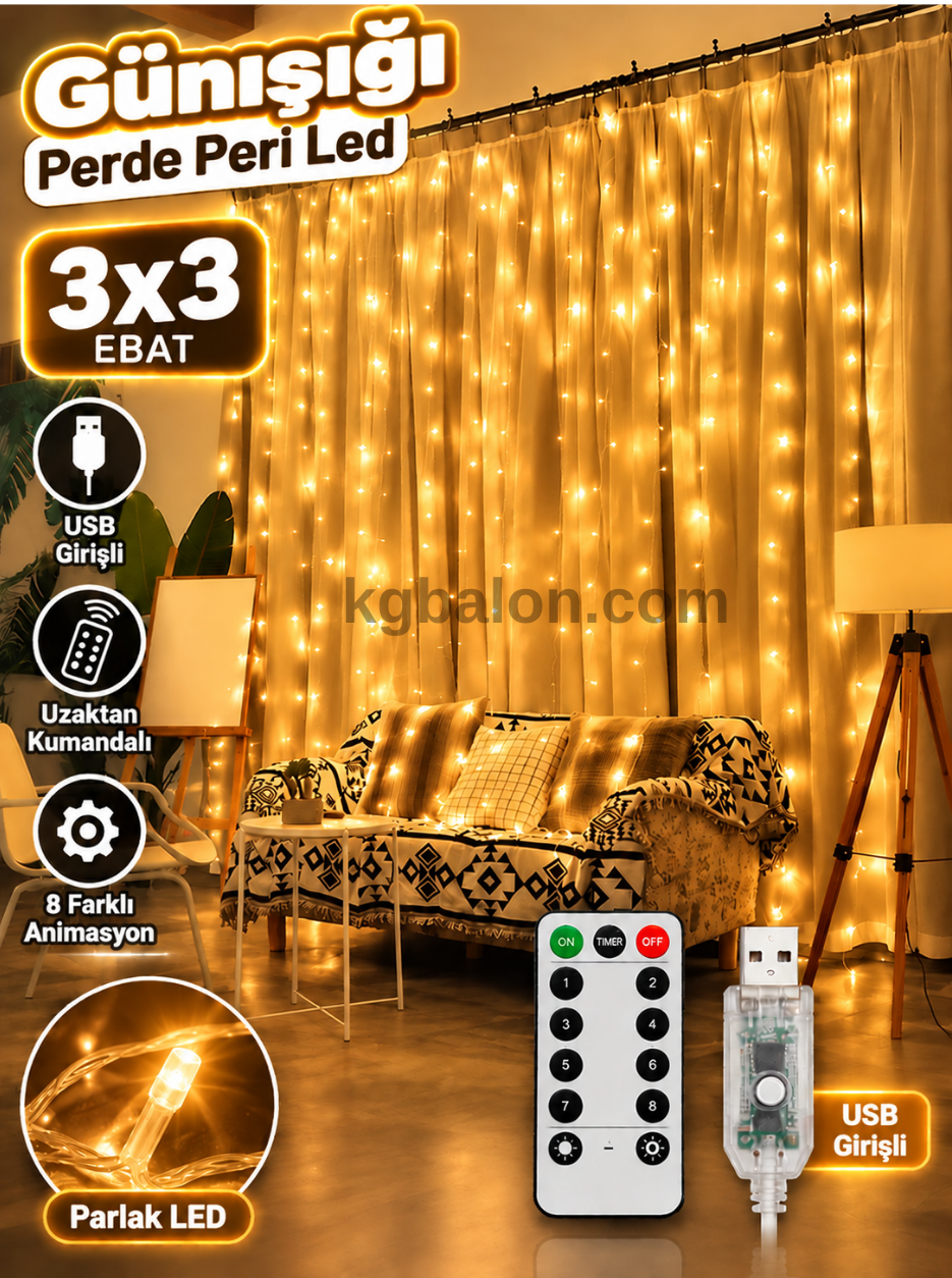 3X3 Günışığı Perde Led 8 Animasyonlu Usb Girişli