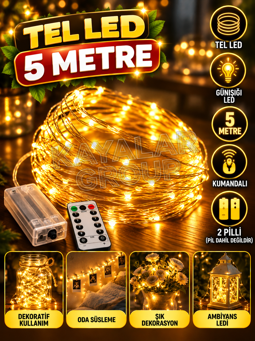 5 Metre Günışığı 2 Pilli Peri Led