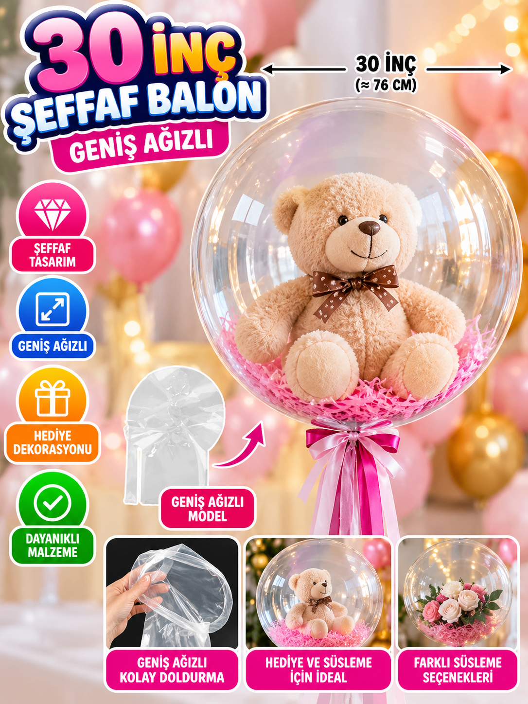 Bobo Şeffaf Balon 30 İnç