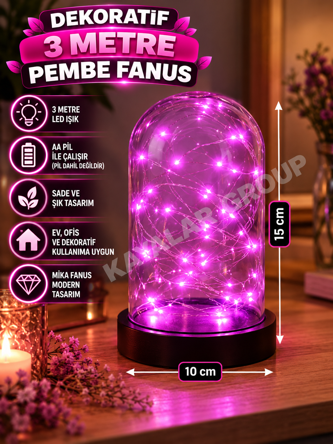 Dekoratif 3 Metre Pembe Fanus