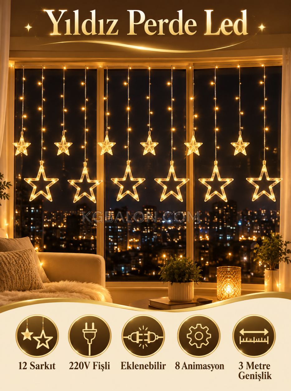 Dekoratif Saçaklı Kablo Yıldızlı Perde Led 