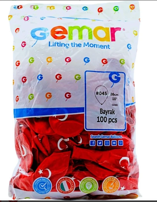 Gemar Bayrak Baskılı Balon 100 Adet 26 cm - Türk Bayraklı Balon 100 Adet
