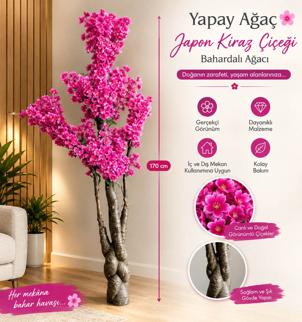 Yapay Ağaç Japon Kiraz Çiçeği Hazır Gövdeli Bahardalı Ağacı 170 cm Sakura Çiçeği