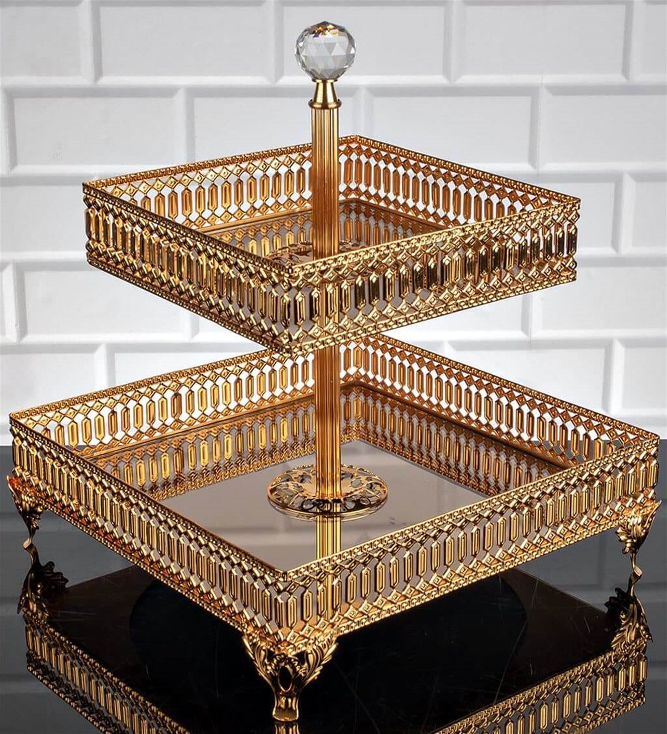 Altın İki Katlı Büyük Boy Söz & Nişan Tepsisi