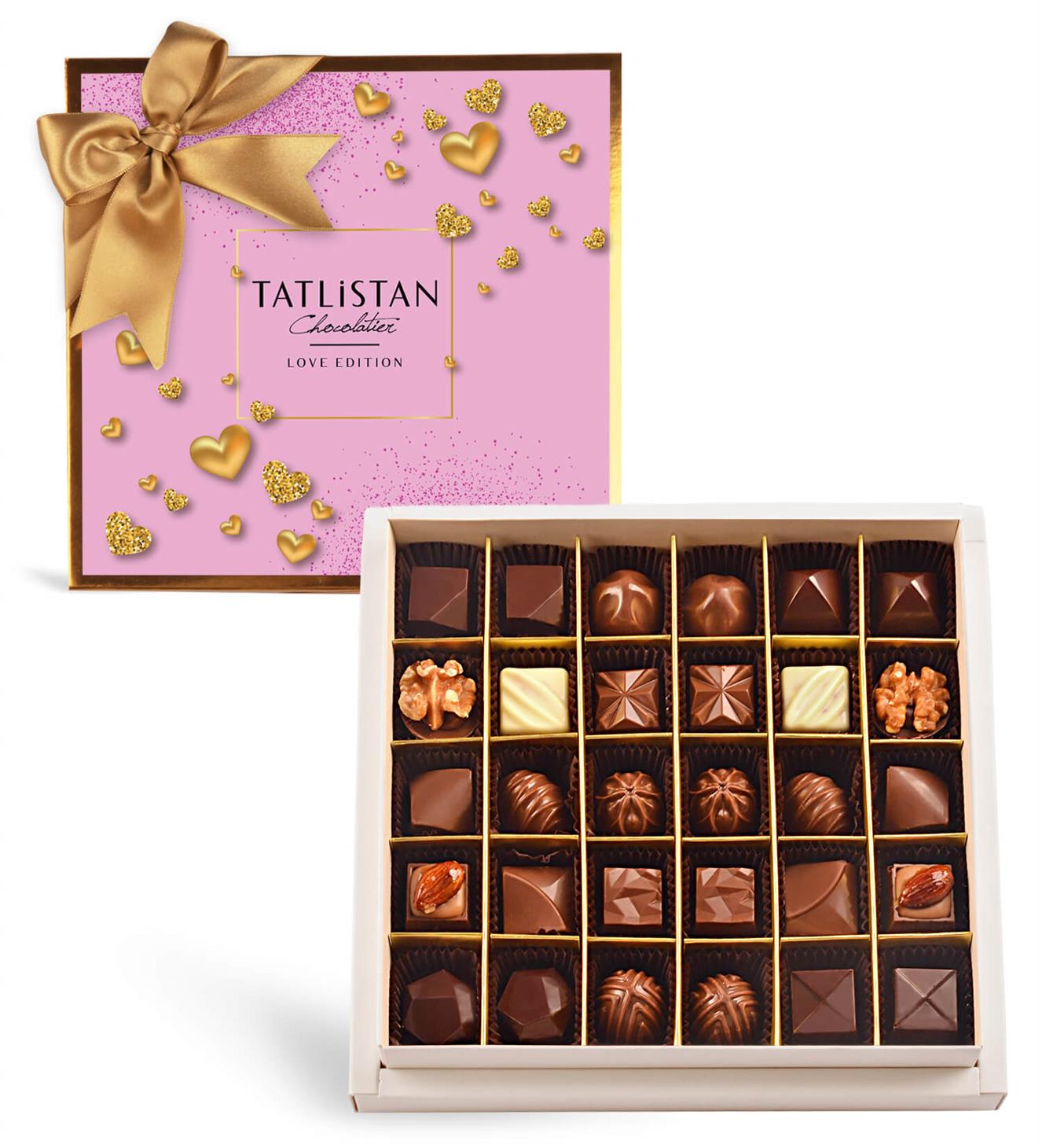 Altın Kalp Tasarımlı Kutuda 15 Çeşitli Artisan Çikolata 30'lu