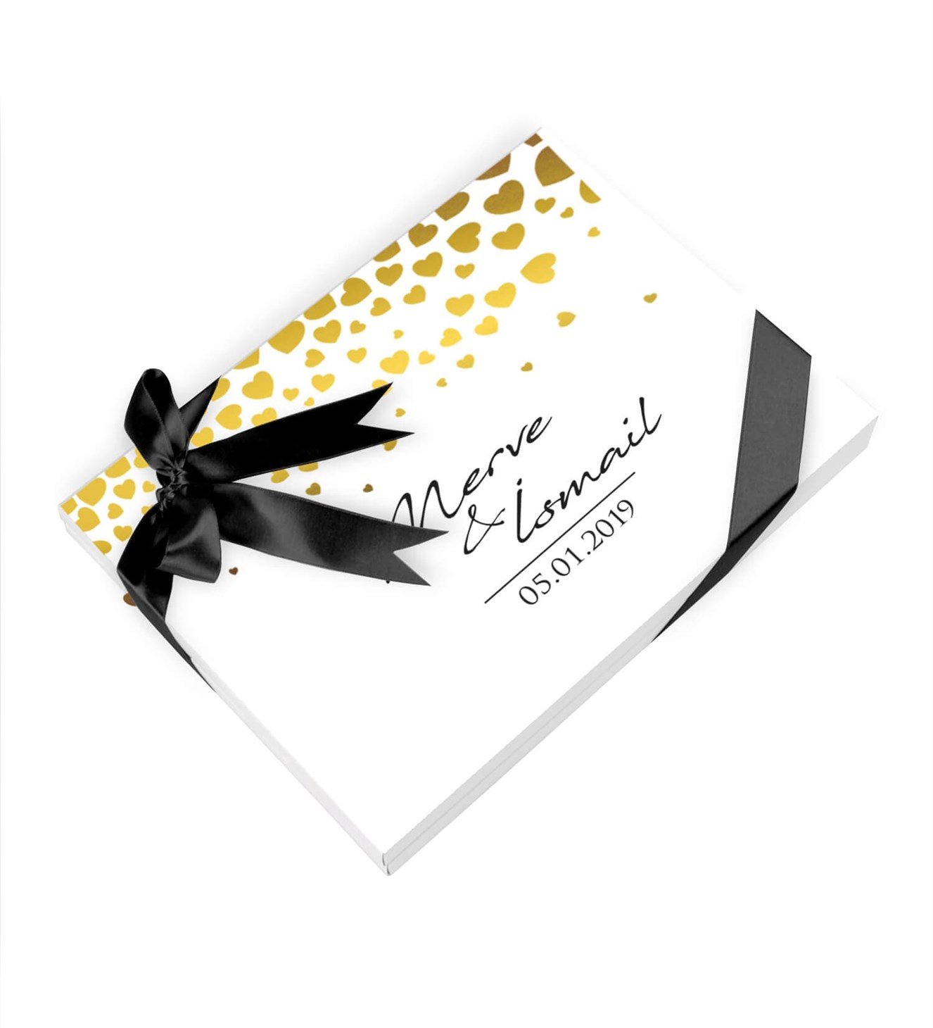 Altın Kalpler İsimli ve Tarihli Kutulu Söz & Nişan Çikolatası