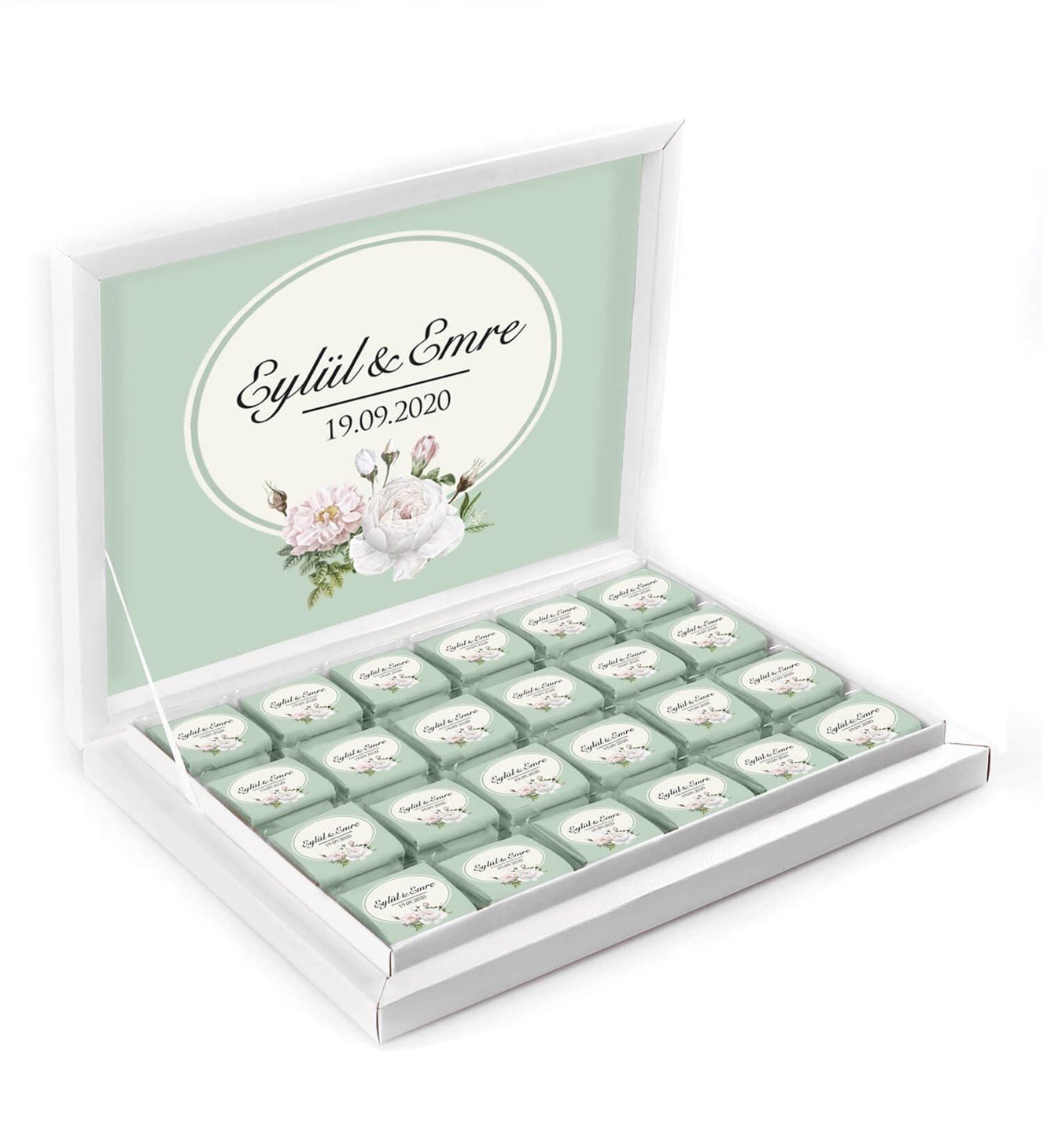 Beyaz Şakayık Çiçekler İsimli ve Tarihli Kutulu Söz & Nişan Çikolatası