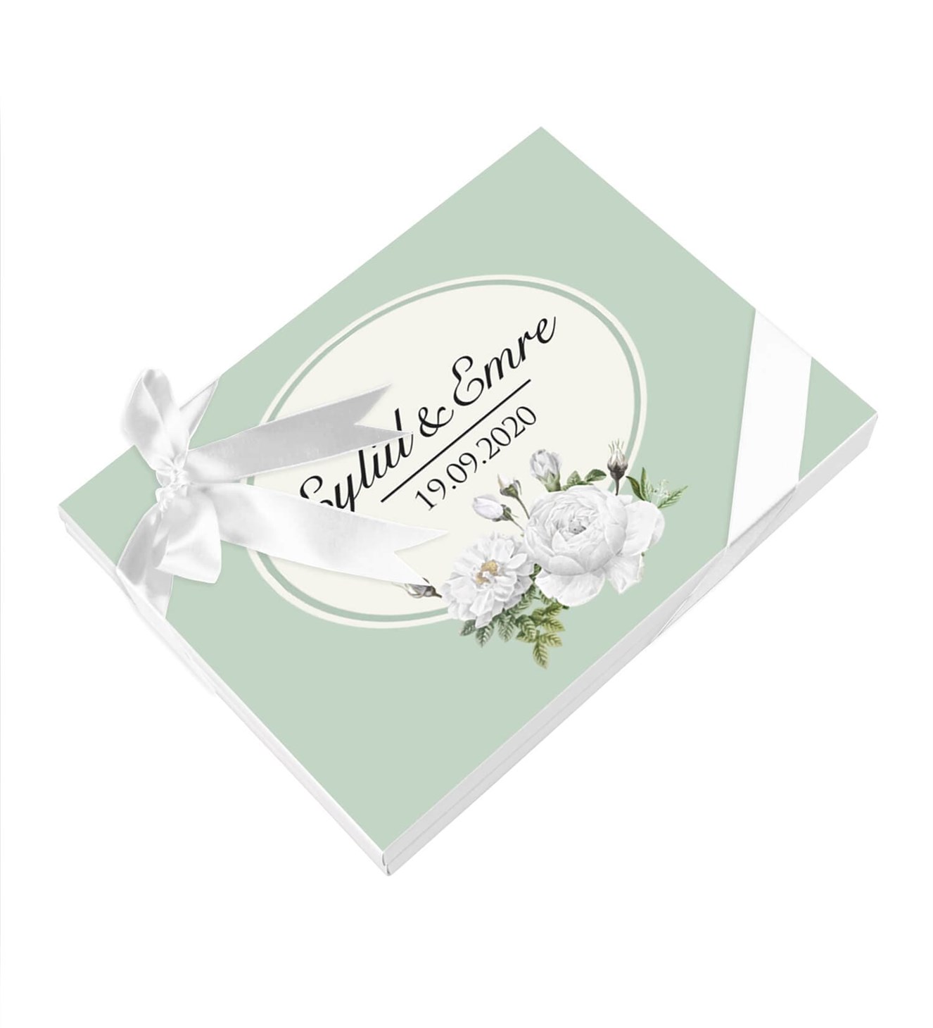 Beyaz Şakayık Çiçekler İsimli ve Tarihli Kutulu Söz & Nişan Çikolatası