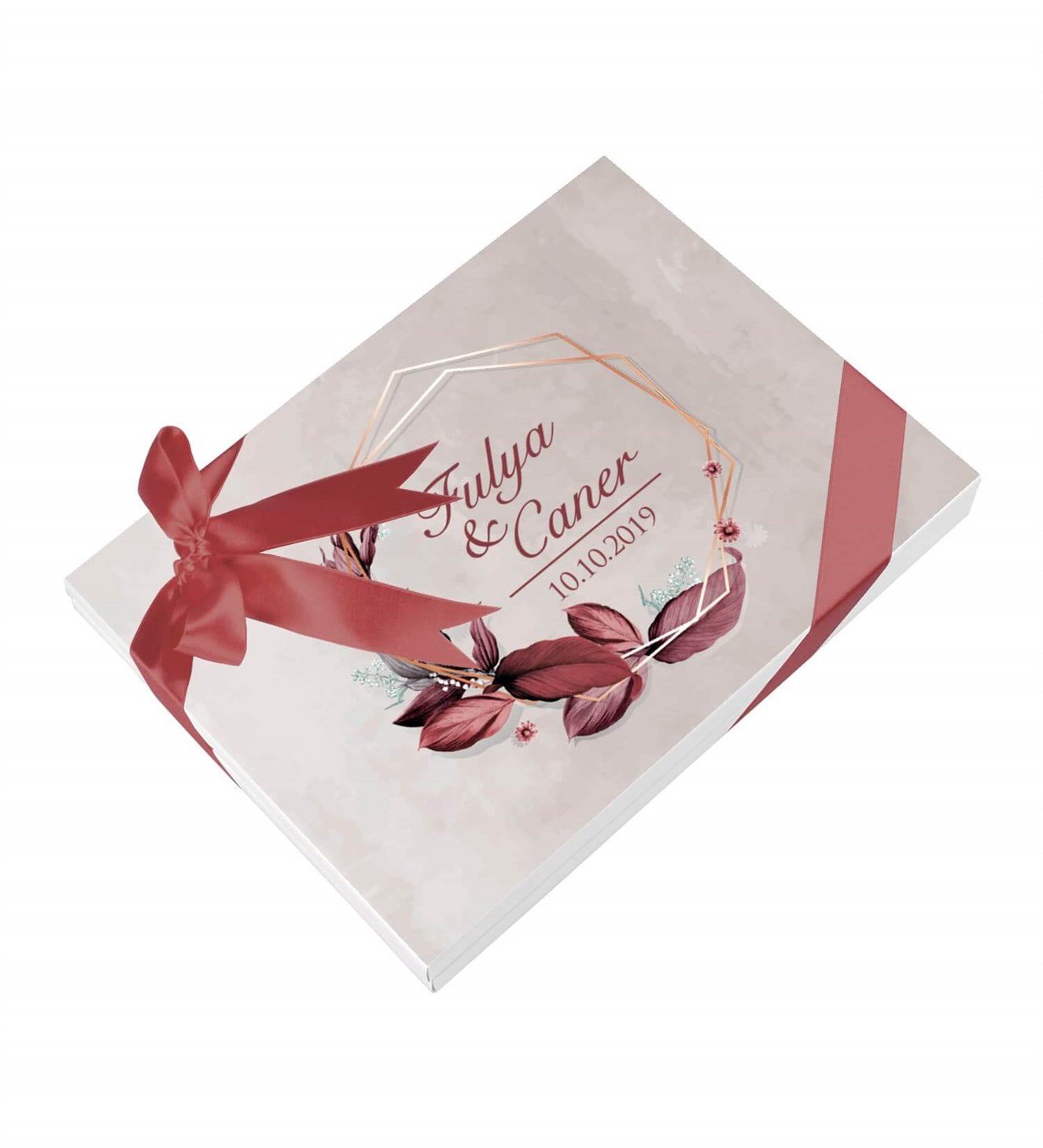 Bordo Çiçekli Dallı İsimli ve Tarihli Kutulu Söz & Nişan Çikolatası